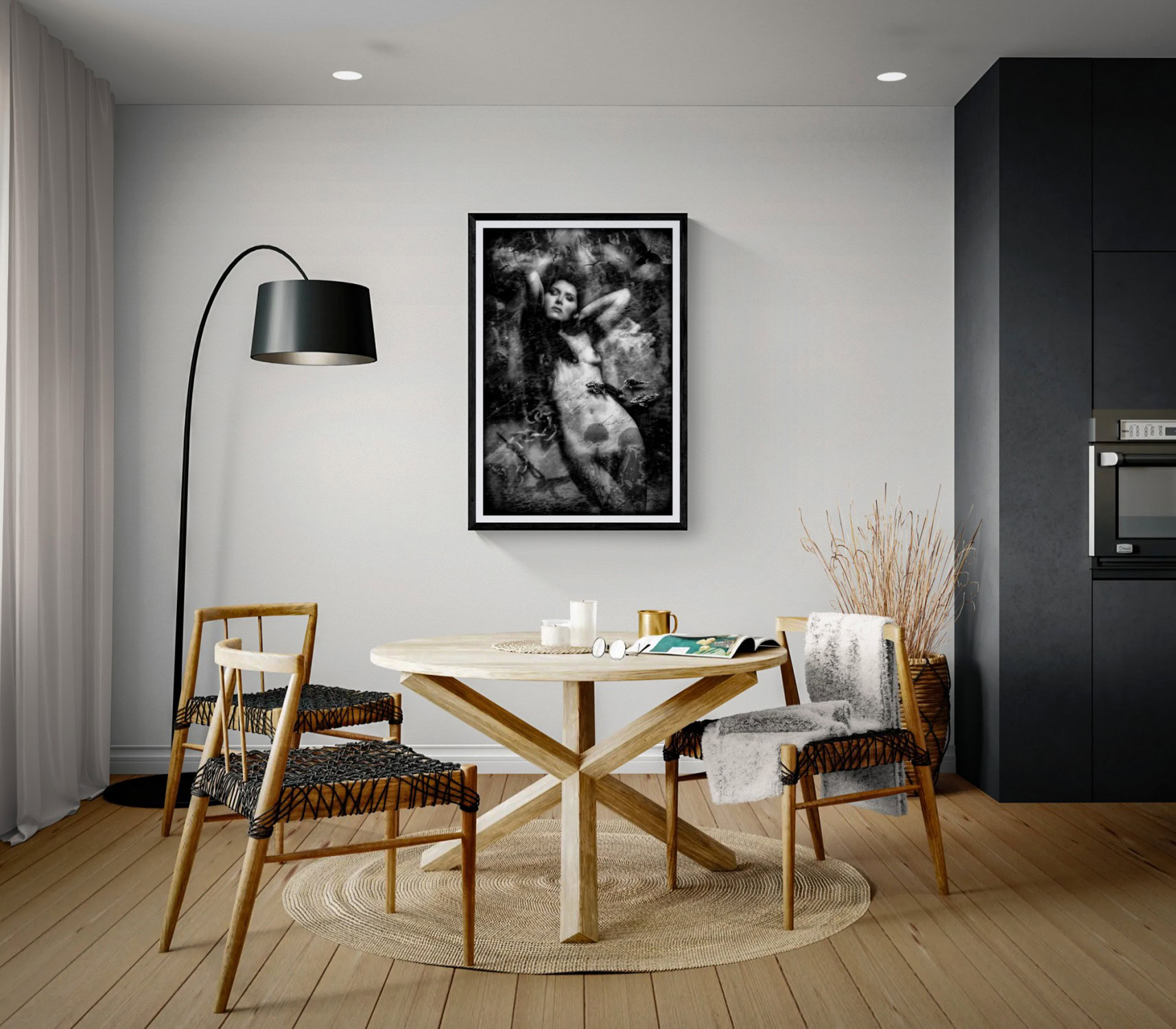 A Nightmarish Daydream by Doug Heslep, displayed as framed black-and-white fine art within a contemporary dining interior.