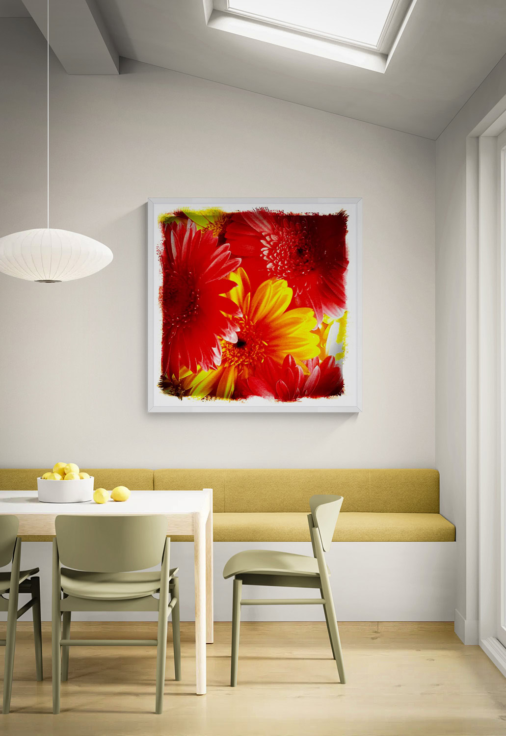 “A Warming Moment,” vivid red and yellow daisies in a white frame above a yellow bench in a bright dining nook with pale green chairs.