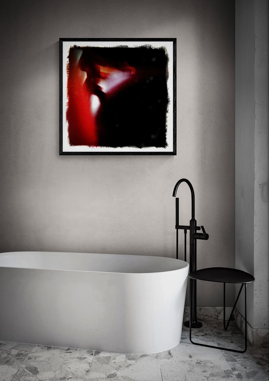As She Walked On By by Doug Heslep, displayed as framed fine art above a freestanding bathtub in a contemporary interior.