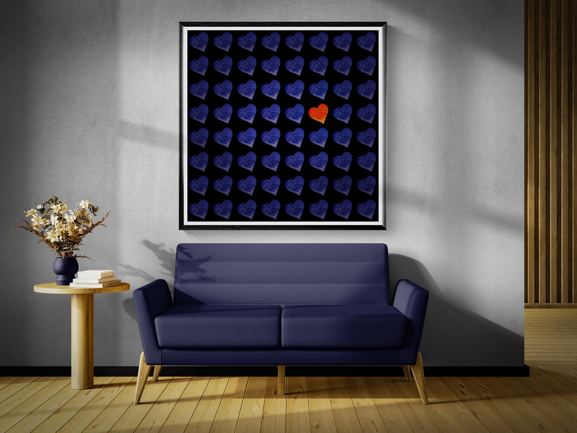 Colorful heart pattern artwork with one red heart among blue hearts.
