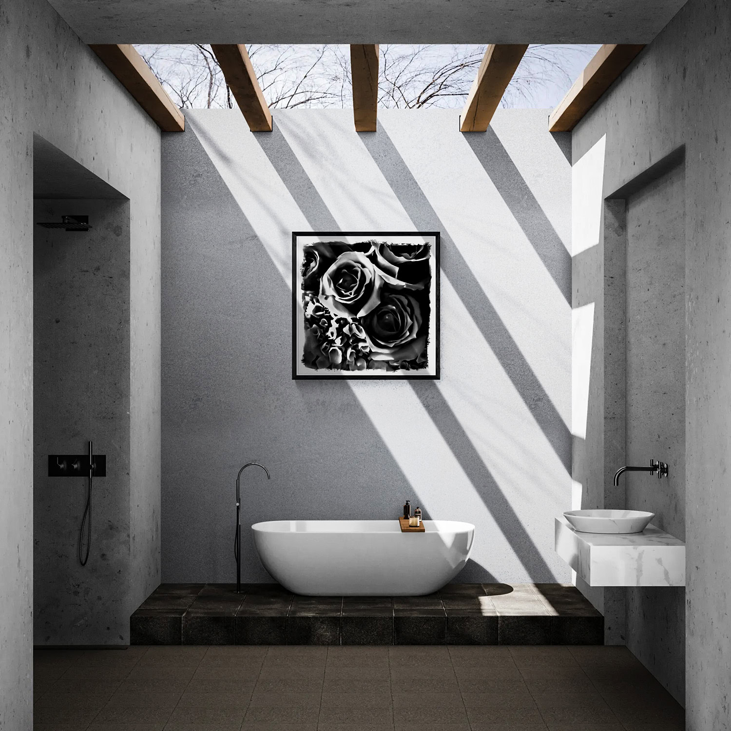 Bouquet One by Doug Heslep, displayed as framed black-and-white floral fine art above a freestanding bathtub in a minimalist contemporary interior.