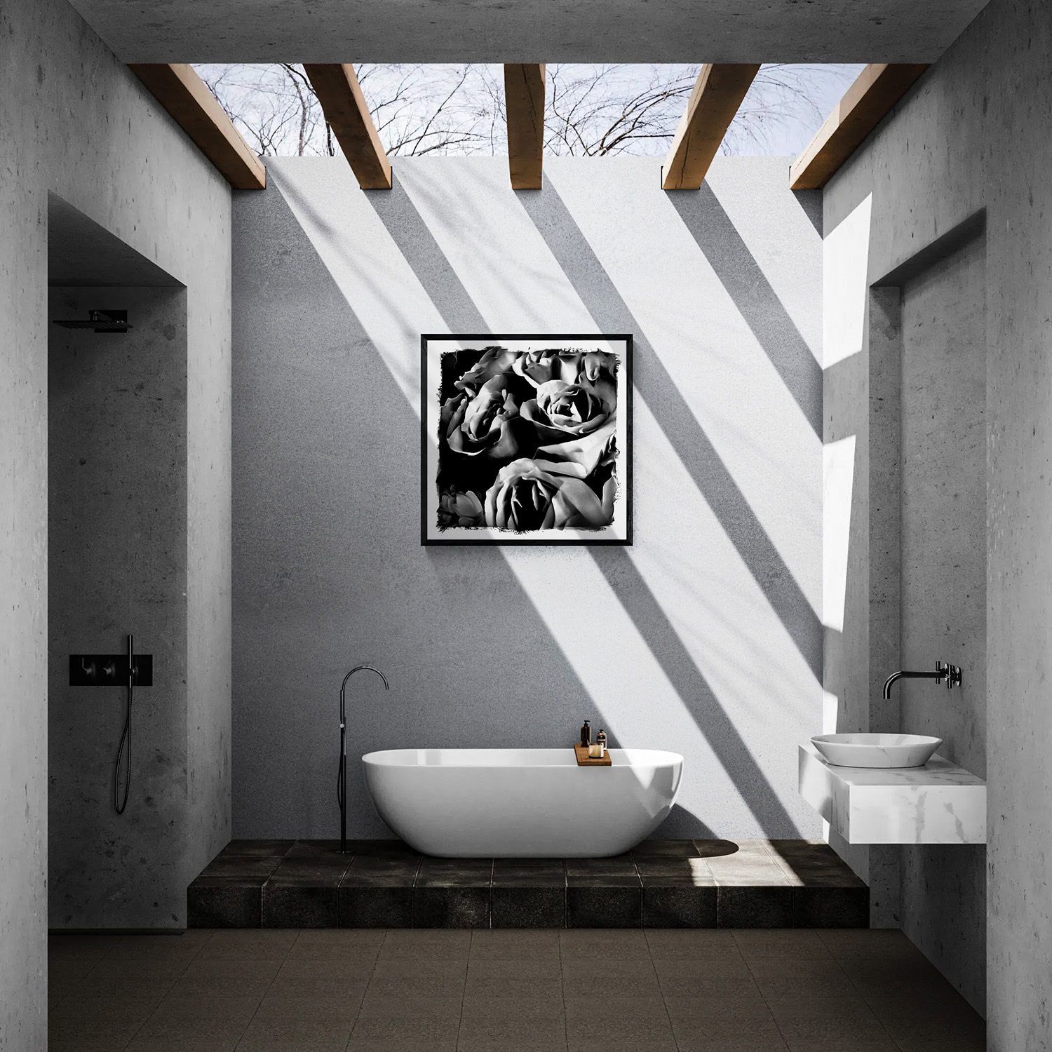 Bouquet Three by Doug Heslep, displayed as framed black-and-white floral art above a freestanding bathtub in a contemporary architectural interior.