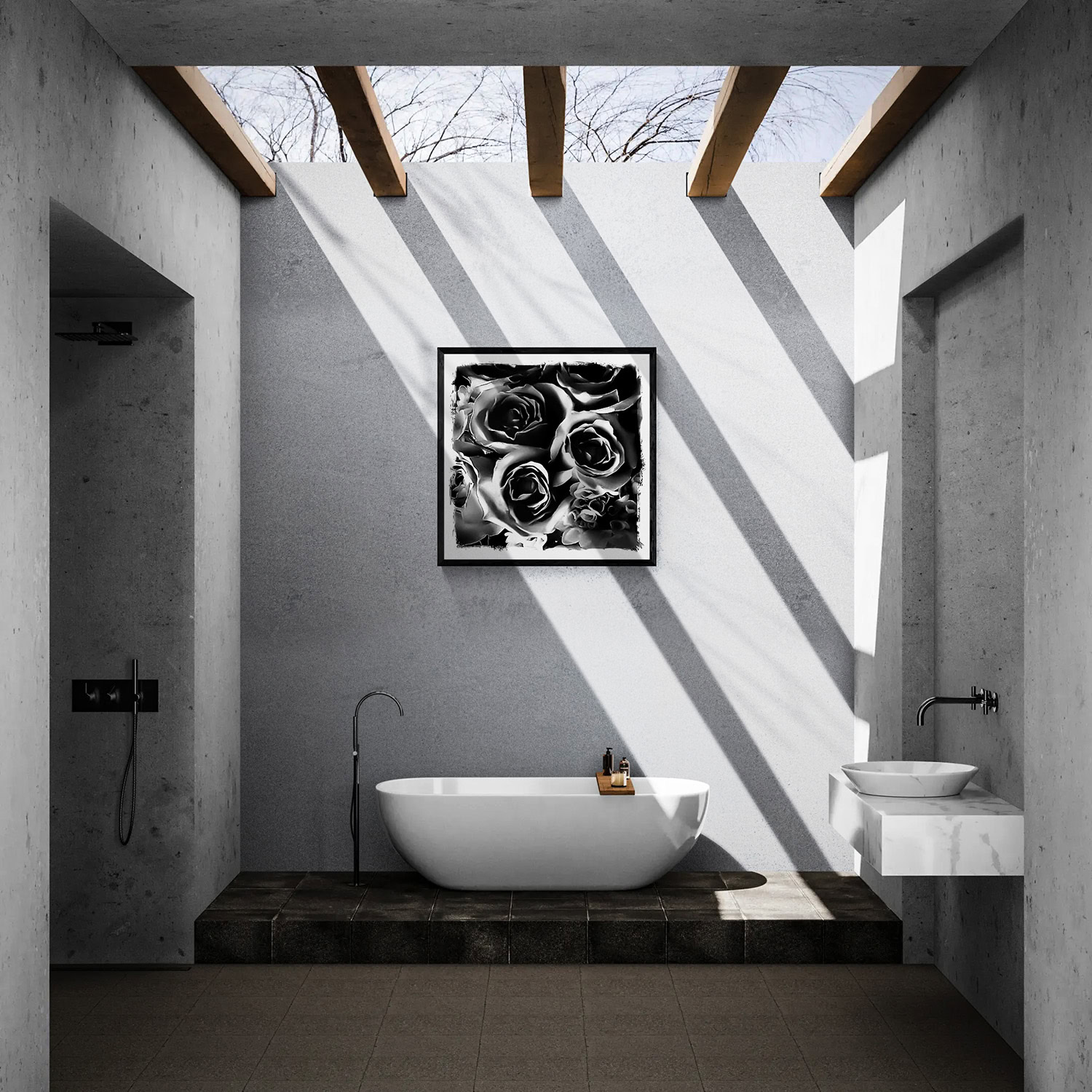 Bouquet Two by Doug Heslep, displayed as framed black-and-white floral art above a freestanding bathtub in a contemporary architectural interior.