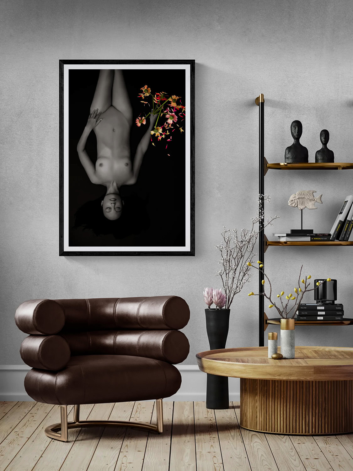 Broken Vase by Doug Heslep, from The Human Vase Series, displayed as framed fine art in a contemporary interior with warm wood and sculptural furnishings.
