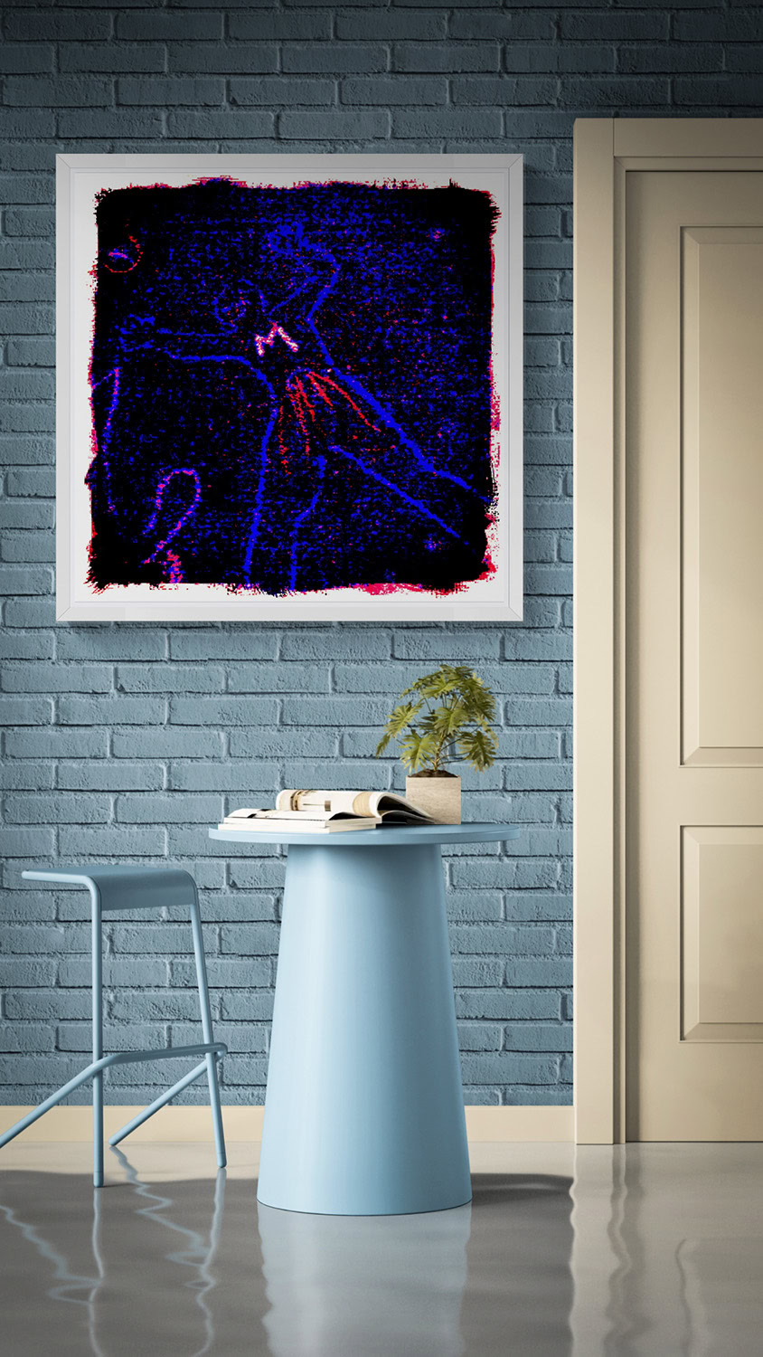 Child’s Play by Doug Heslep, displayed as framed abstract art with vivid blue and red tones against a blue brick wall in a contemporary interior.