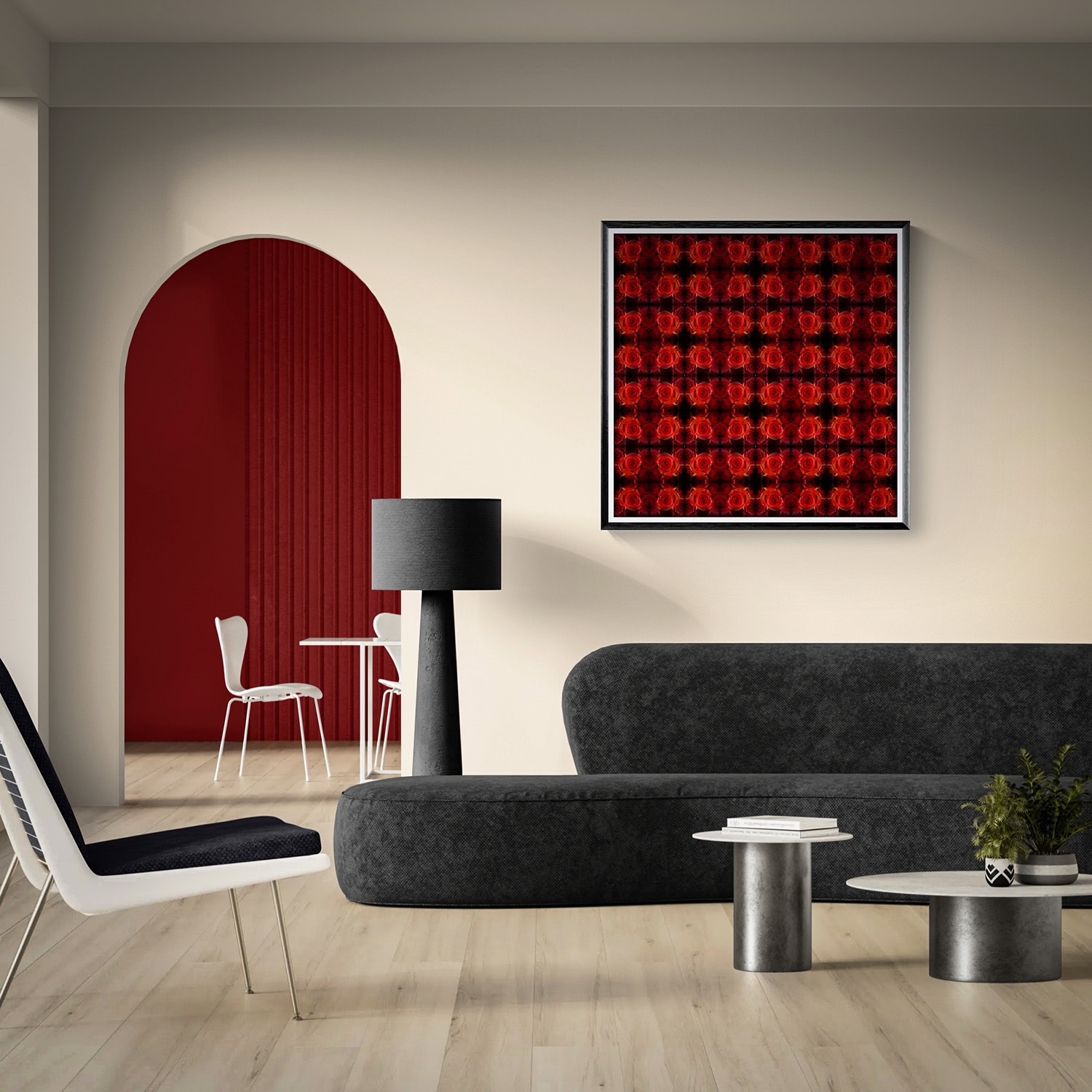 “Crimson Labyrinth,” a repeating pattern of red roses in a black frame above a charcoal sofa, beside an archway opening into a red dining area.