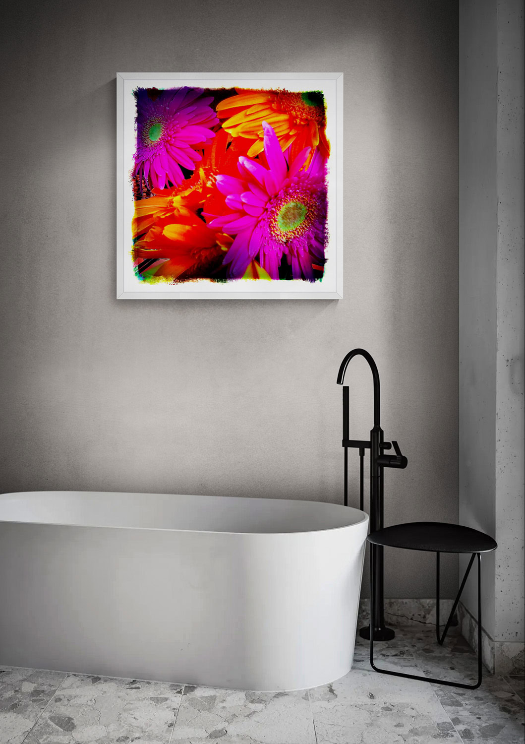 Dainty Daisies Too by Doug Heslep, displayed as vibrant framed floral art above a freestanding white bathtub in a contemporary interior.