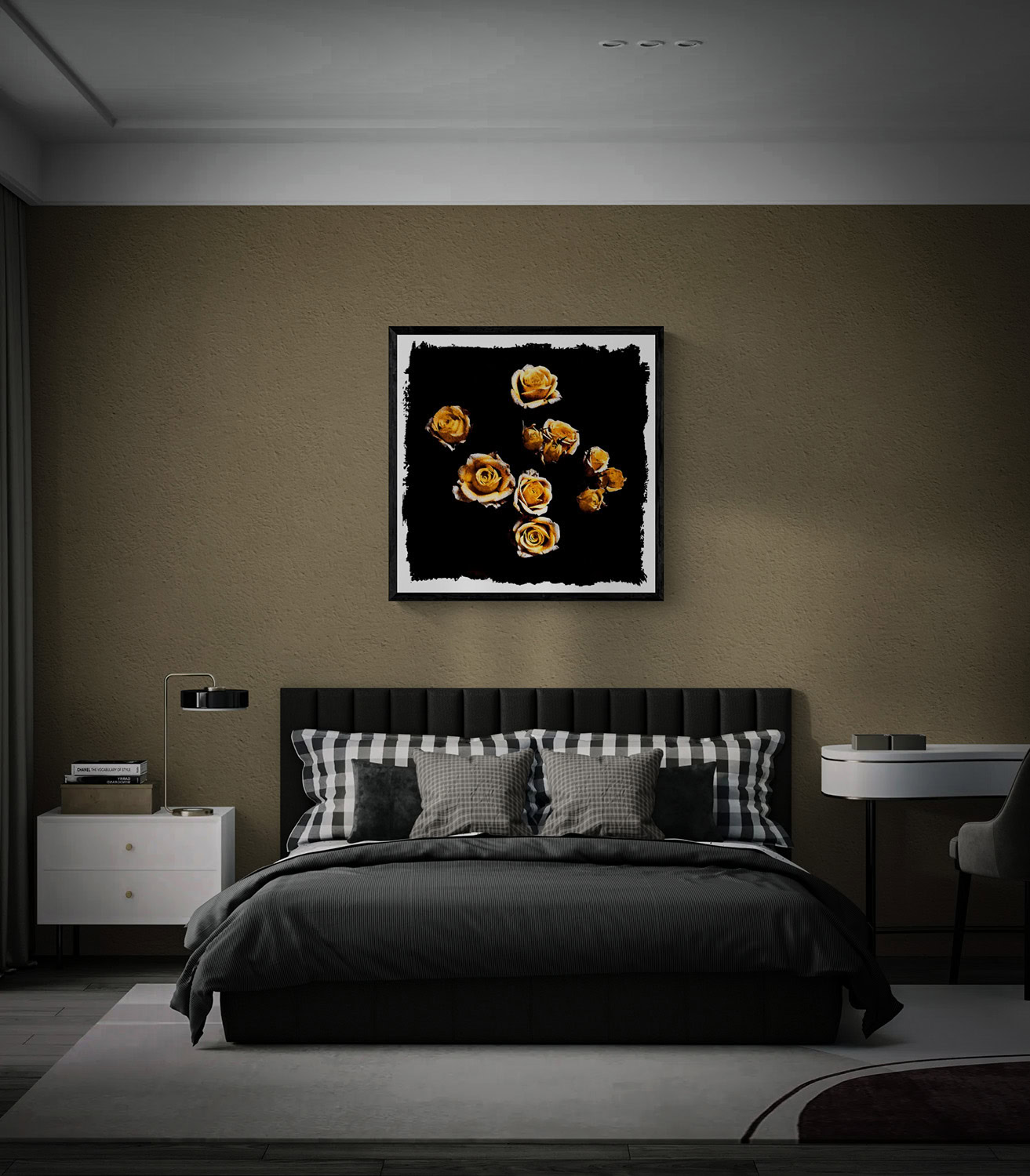 Dark Bouquet by Doug Heslep, displayed as framed floral art featuring golden roses against a deep black background above a contemporary bed.