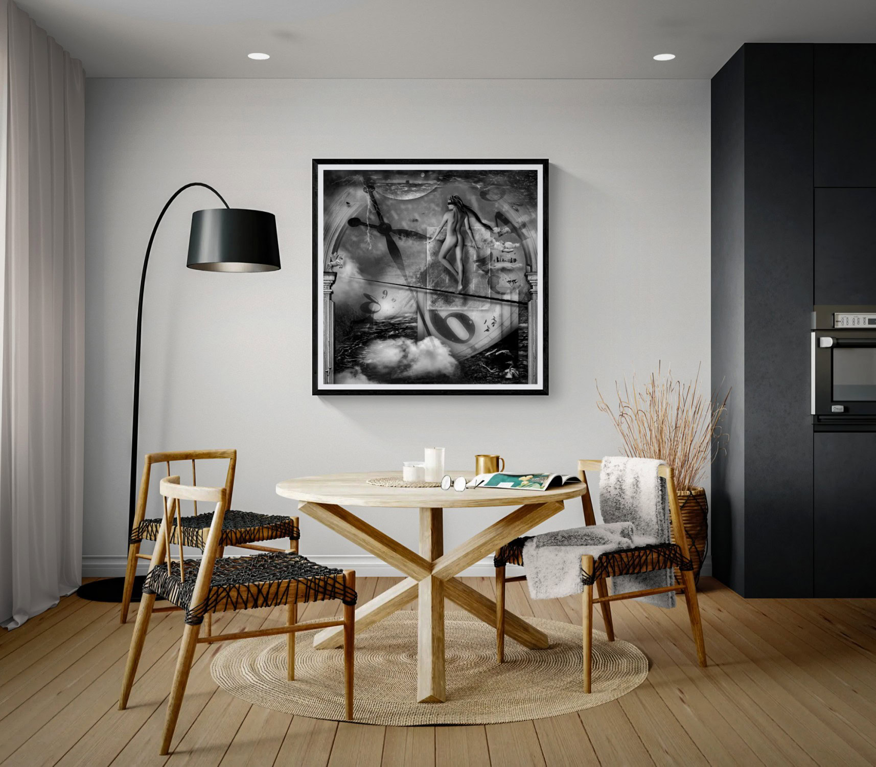 Day Tripper by Doug Heslep, displayed as framed black-and-white fine art within a contemporary dining interior.