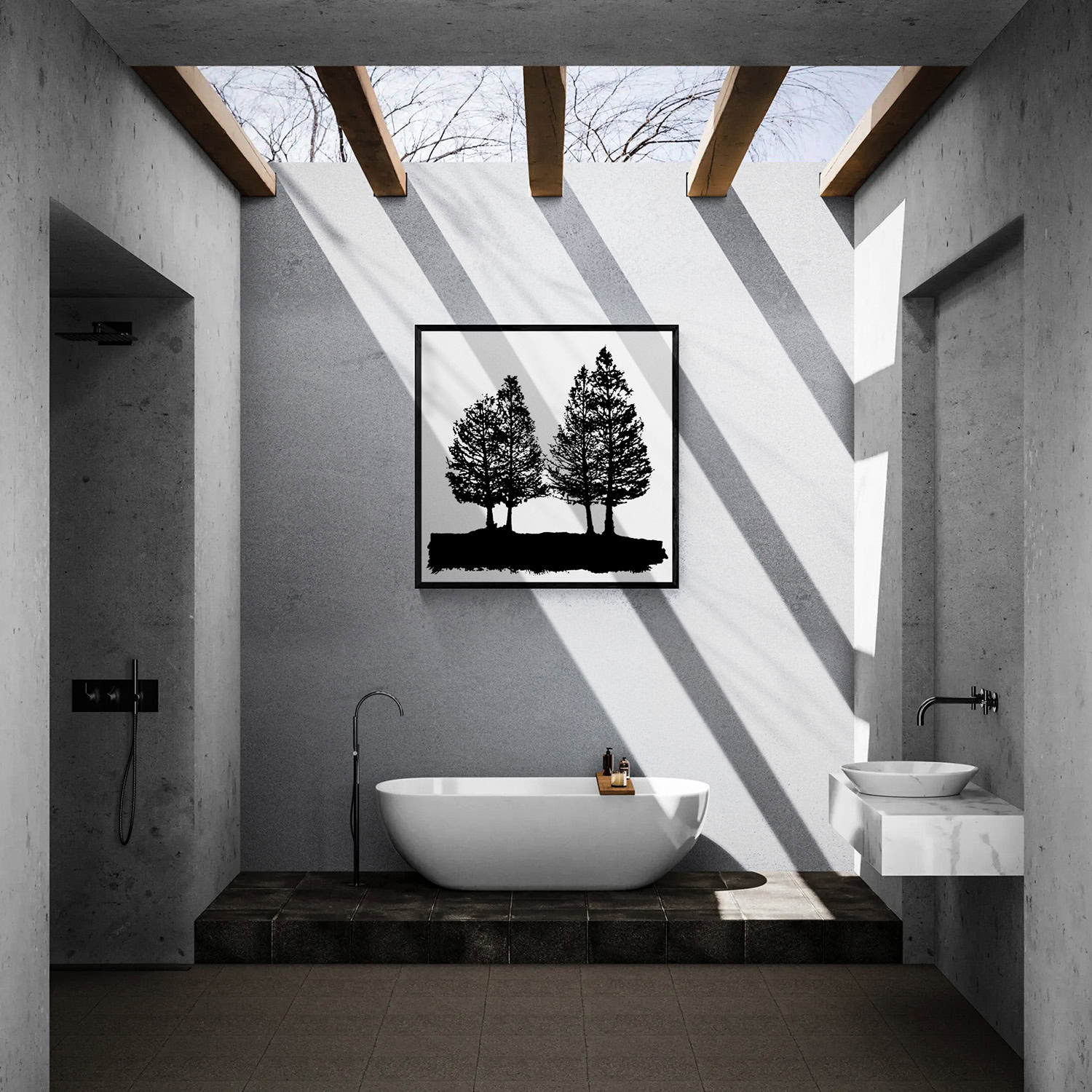 Dog Park by Doug Heslep, displayed as framed black-and-white tree silhouette art above a freestanding bathtub in a contemporary architectural interior.