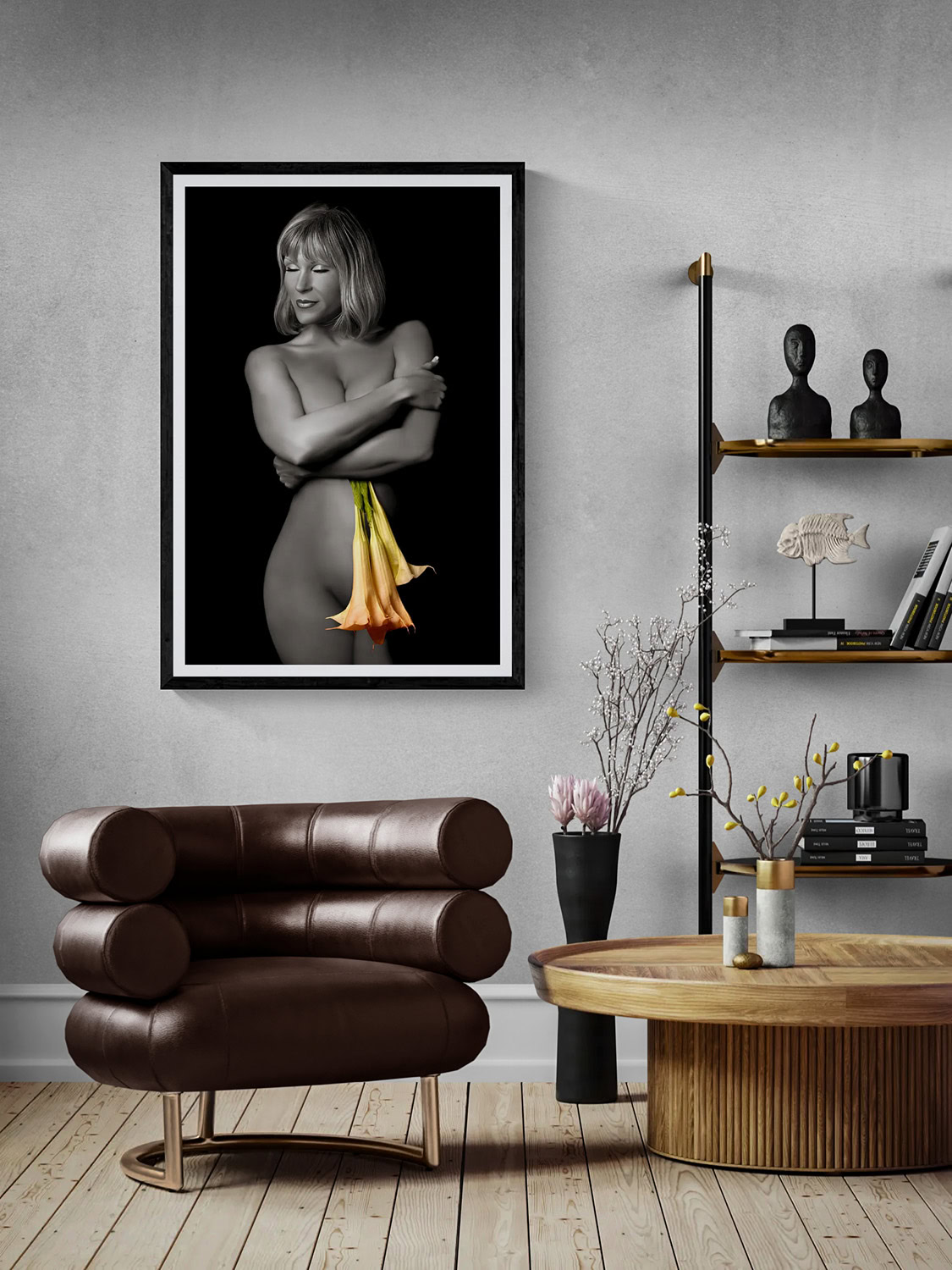 Essence of the Angel by Doug Heslep, from The Human Vase Series, displayed as framed fine art in a contemporary interior with warm wood and sculptural furnishings.