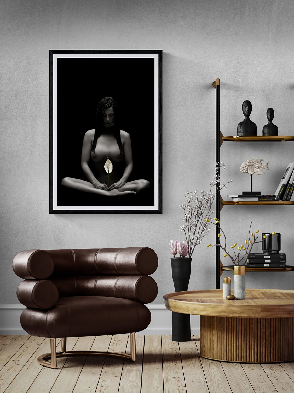 For Peace by Doug Heslep, from The Human Vase Series, displayed as framed fine art in a contemporary interior with warm wood and sculptural furnishings.