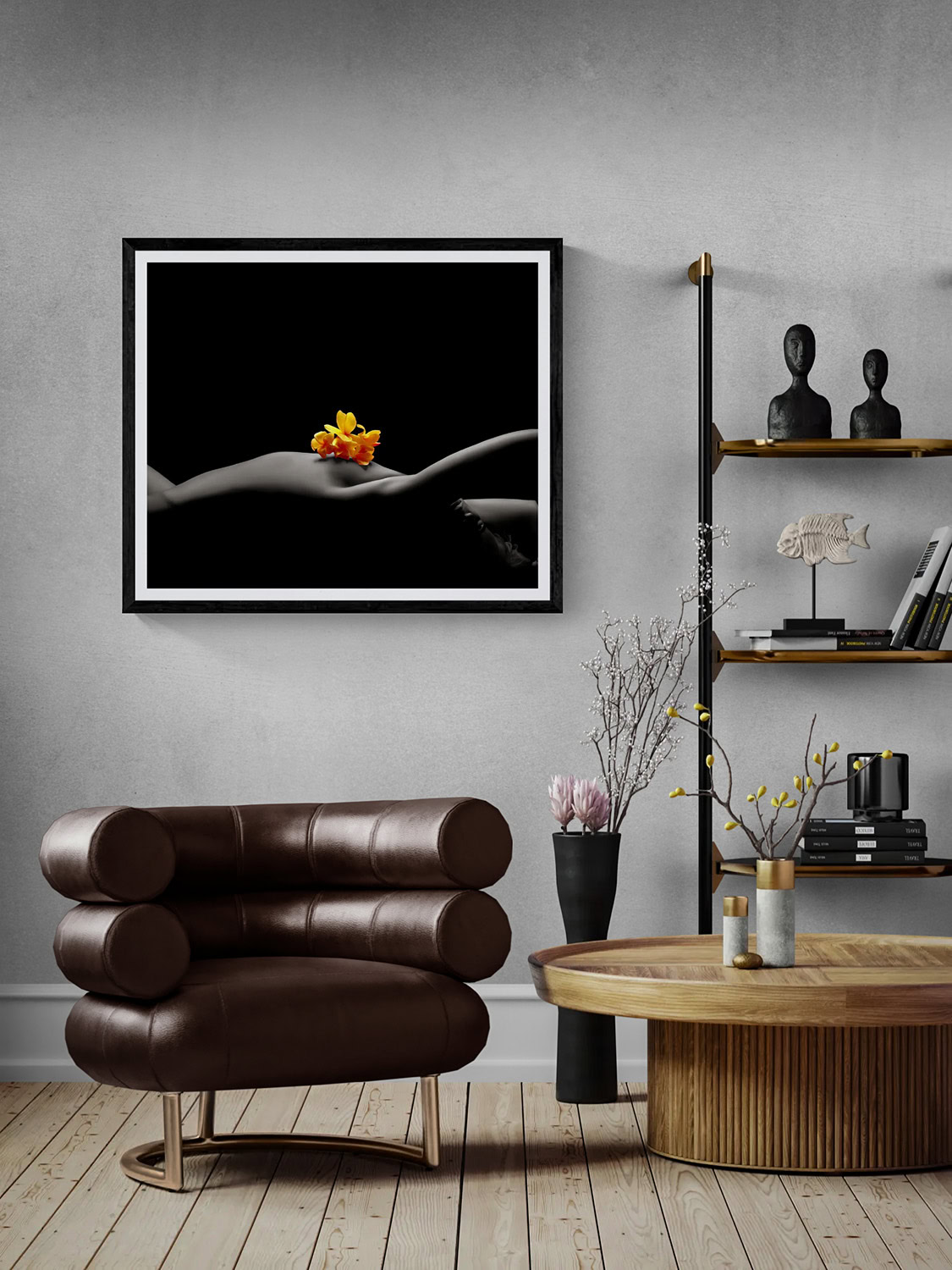Franzy Panzy by Doug Heslep, from The Human Vase Series, displayed as framed fine art in a contemporary interior with warm wood and sculptural furnishings.