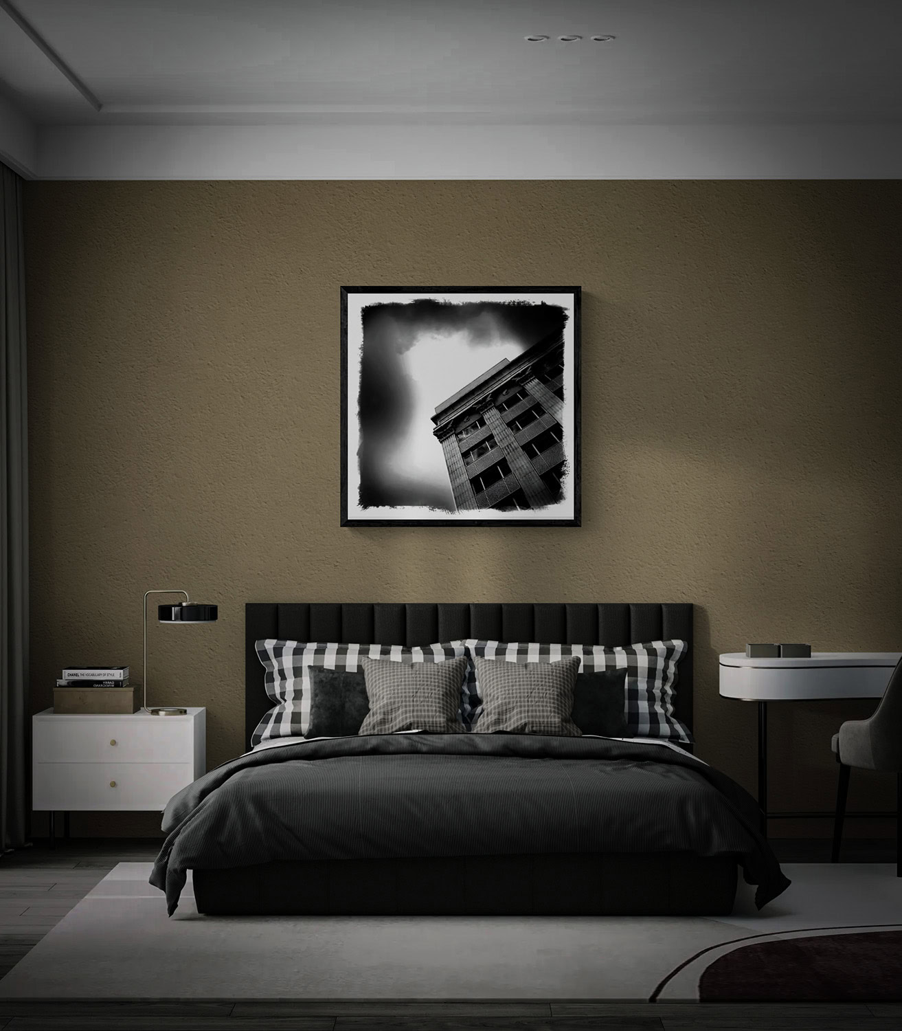Gotham by Doug Heslep, displayed as framed black-and-white architectural fine art above a bed in a contemporary bedroom.