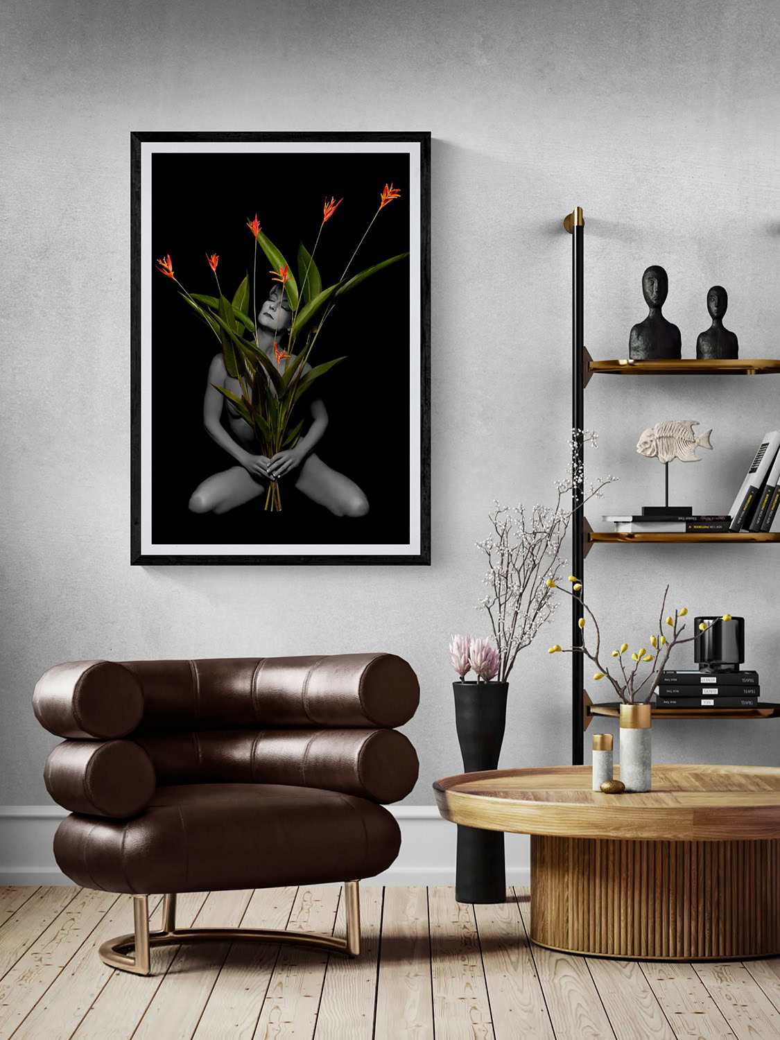 Holy Heliconias by Doug Heslep, from The Human Vase Series, displayed as framed fine art in a contemporary interior with warm wood and sculptural furnishings.
