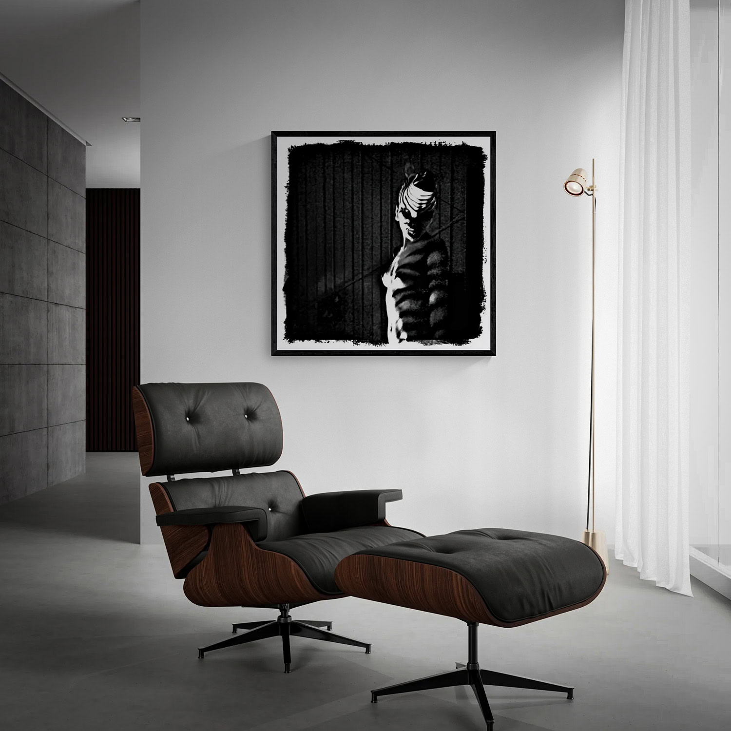 ncognito by Doug Heslep, displayed as framed black-and-white figurative fine art above a modern leather lounge chair in a minimalist contemporary interior.