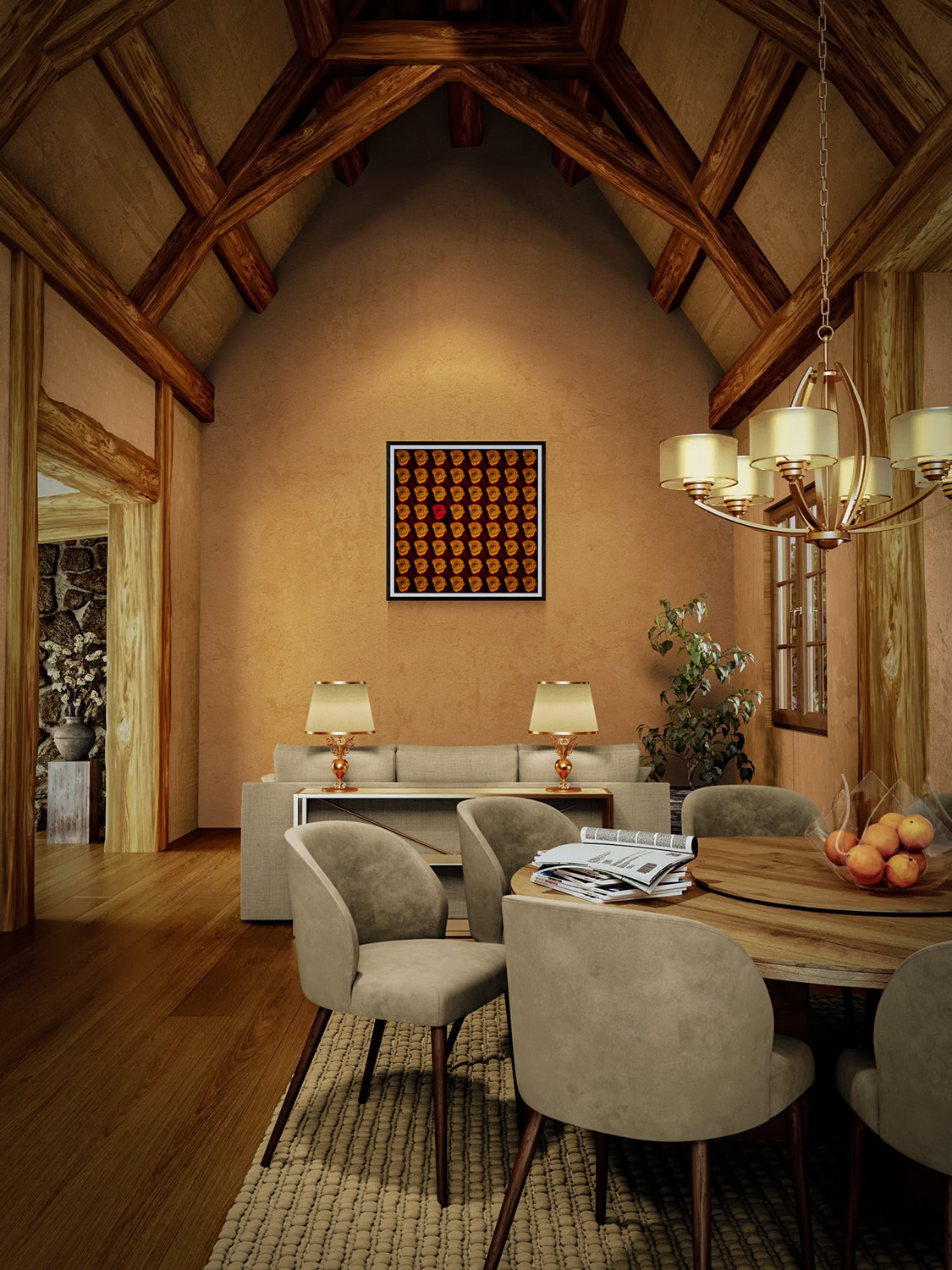 “Internal Inferno,” featuring one red rose among rows of golden roses, framed above a beige sofa in a rustic room with exposed wood beams.