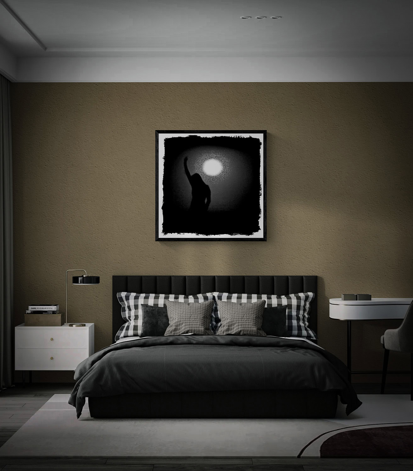 Into the Night by Doug Heslep, displayed as framed black-and-white figurative fine art above a bed in a contemporary bedroom.