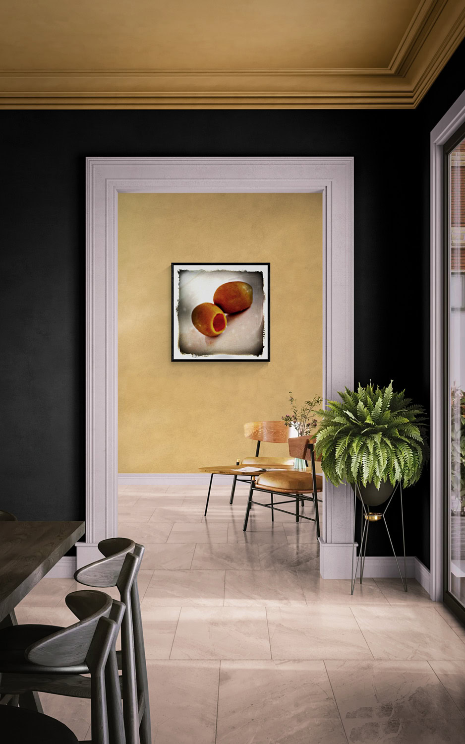 Just Add Martini by Doug Heslep, displayed as framed contemporary still-life fine art within a warm architectural interior.