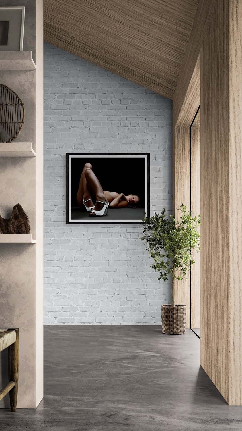 Like My Shoes? Plate 1 by Doug Heslep, from the Like My Shoes Series, displayed as framed fine art on a white brick wall within a contemporary architectural interior.