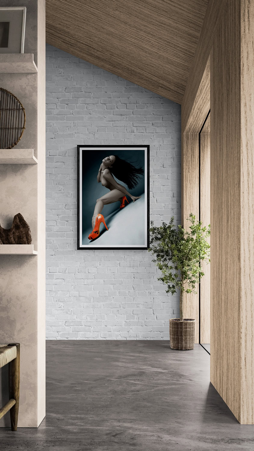 Like My Shoes? Plate 3 by Doug Heslep, from the Like My Shoes Series, displayed as framed fine art on a white brick wall within a contemporary architectural interior.