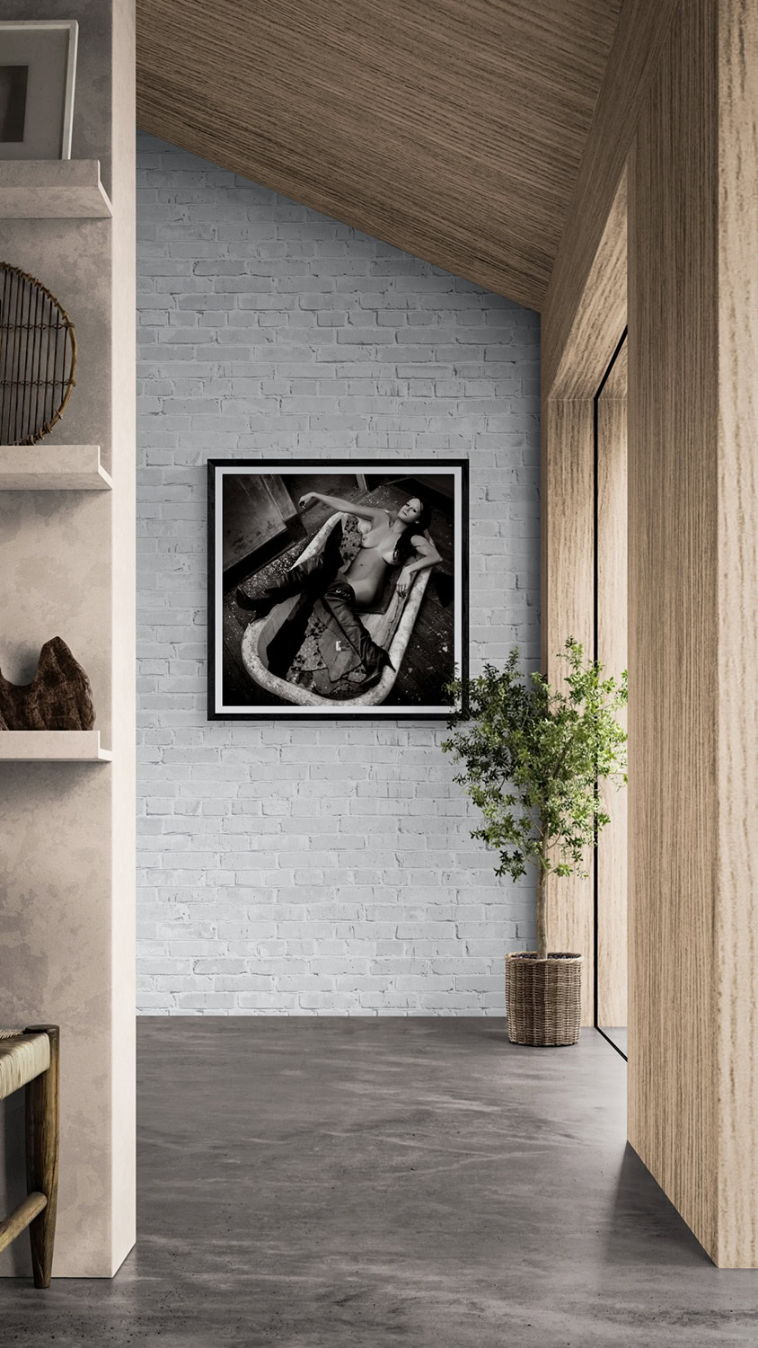Like My Shoes? Plate 4 by Doug Heslep, from the Like My Shoes Series, displayed as framed fine art on a white brick wall within a contemporary architectural interior.