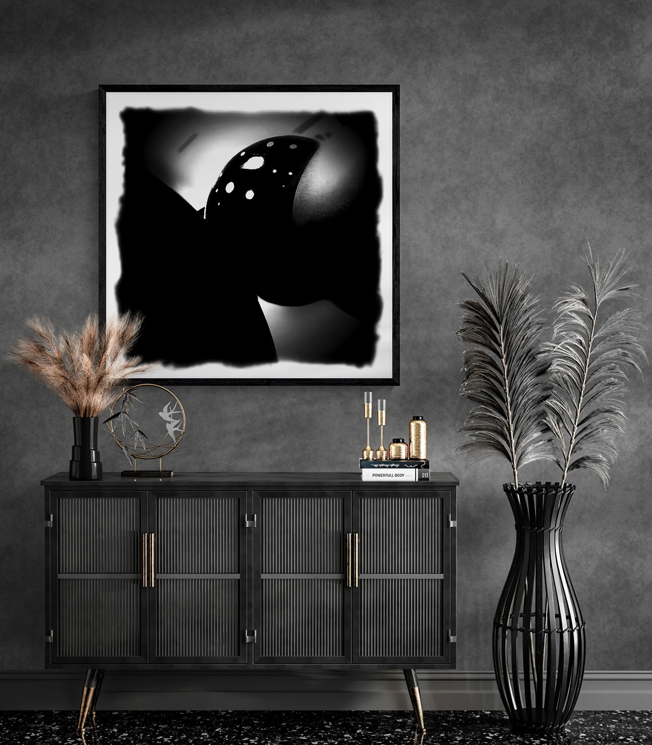 Snookered by Doug Heslep, displayed as framed black-and-white contemporary fine art above a dark cabinet in a sophisticated modern interior.