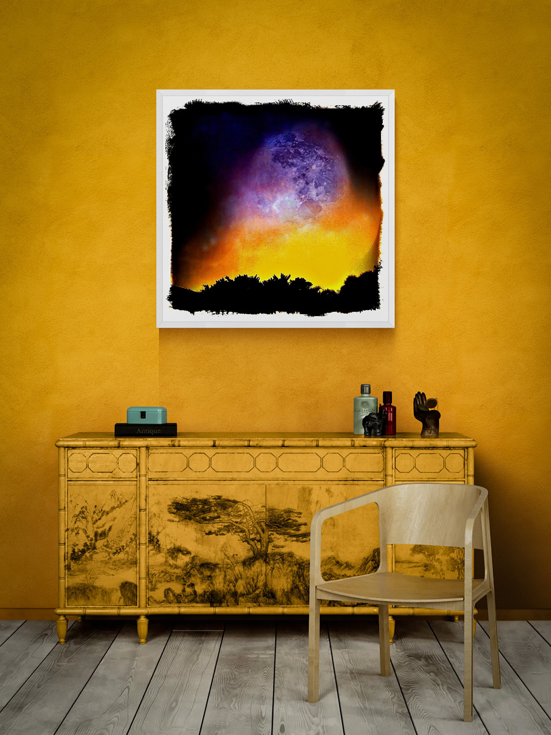 Moonset by Doug Heslep, displayed as framed contemporary landscape fine art above an Asian-inspired cabinet against a warm golden wall.