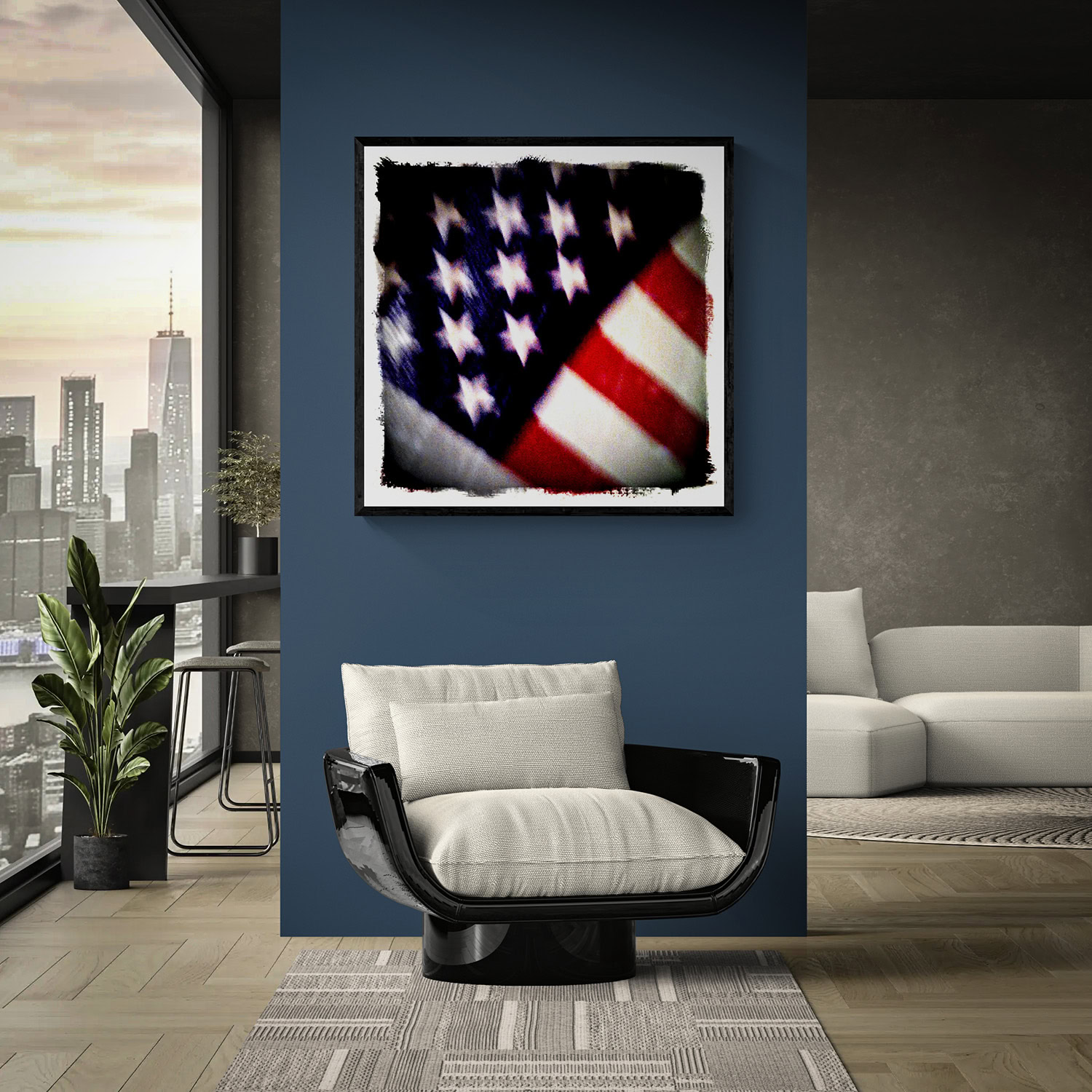 My Flag by Doug Heslep, displayed as framed contemporary fine art on a deep blue accent wall in a modern interior overlooking a city skyline.
