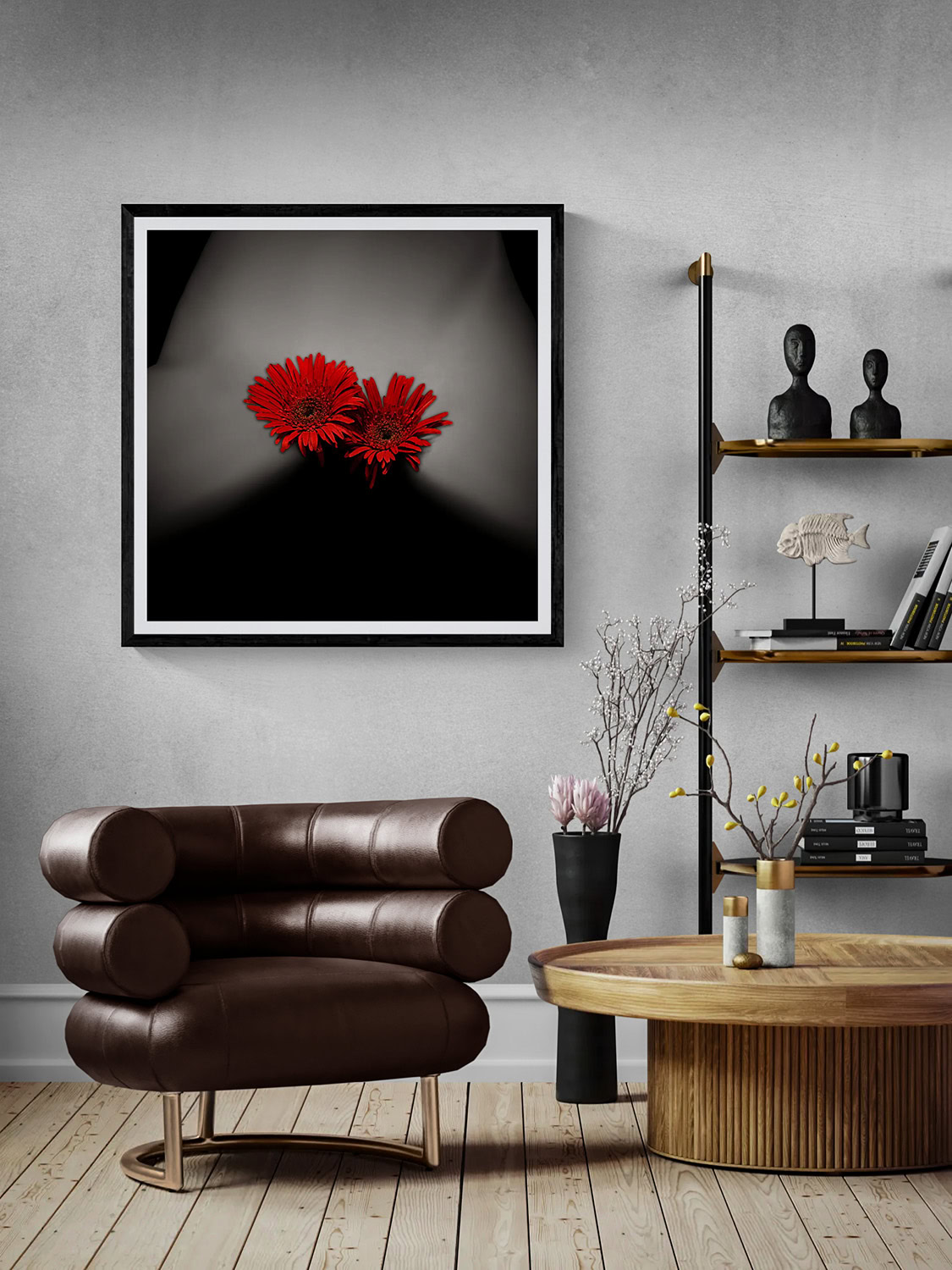 Passion Flower by Doug Heslep, from The Human Vase Series, displayed as framed fine art in a contemporary interior with warm wood and sculptural furnishings.