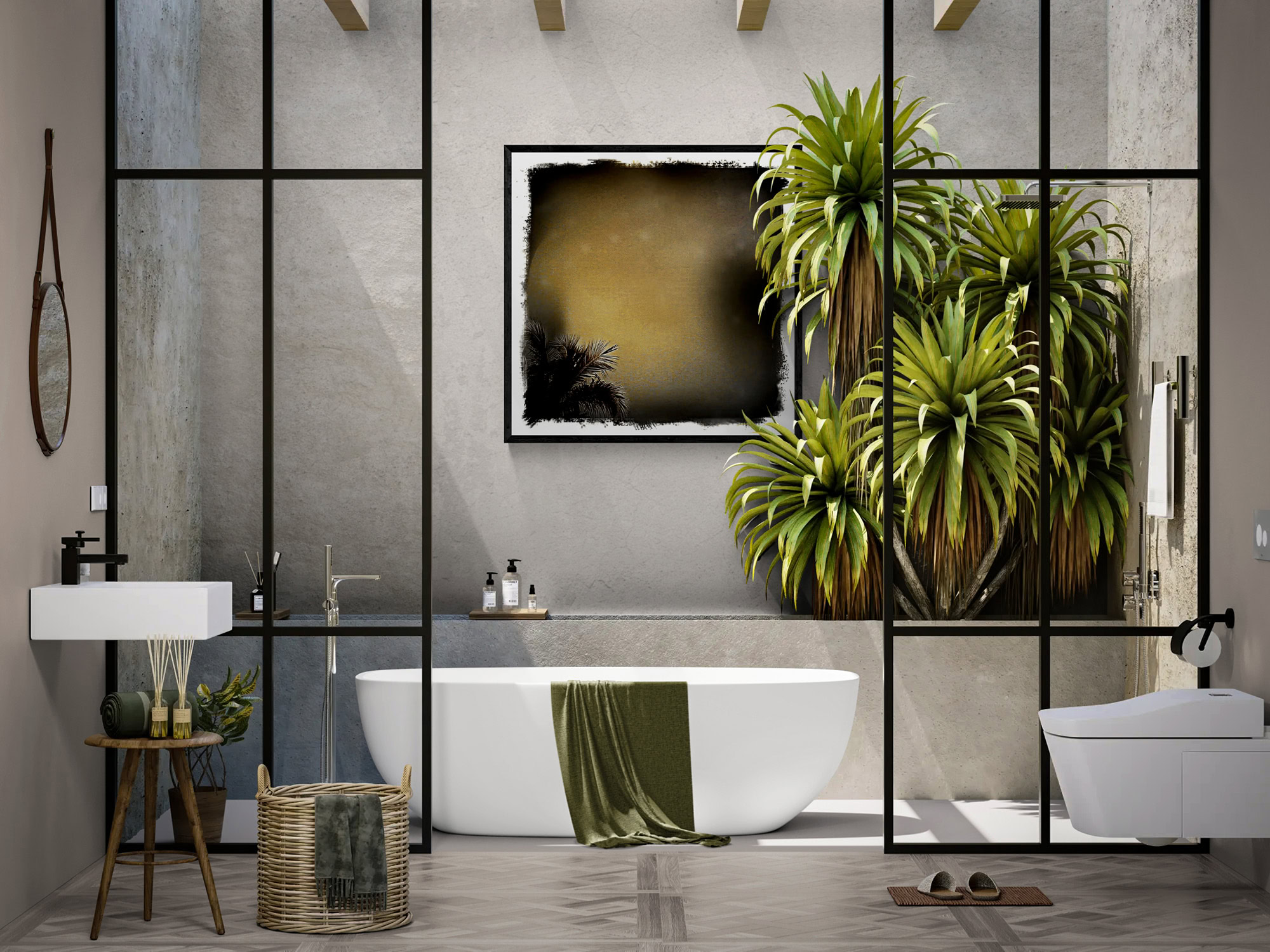 “Peeking Palm,” featuring dark palm fronds against a golden sky, framed above a freestanding bathtub beside tall tropical plants.