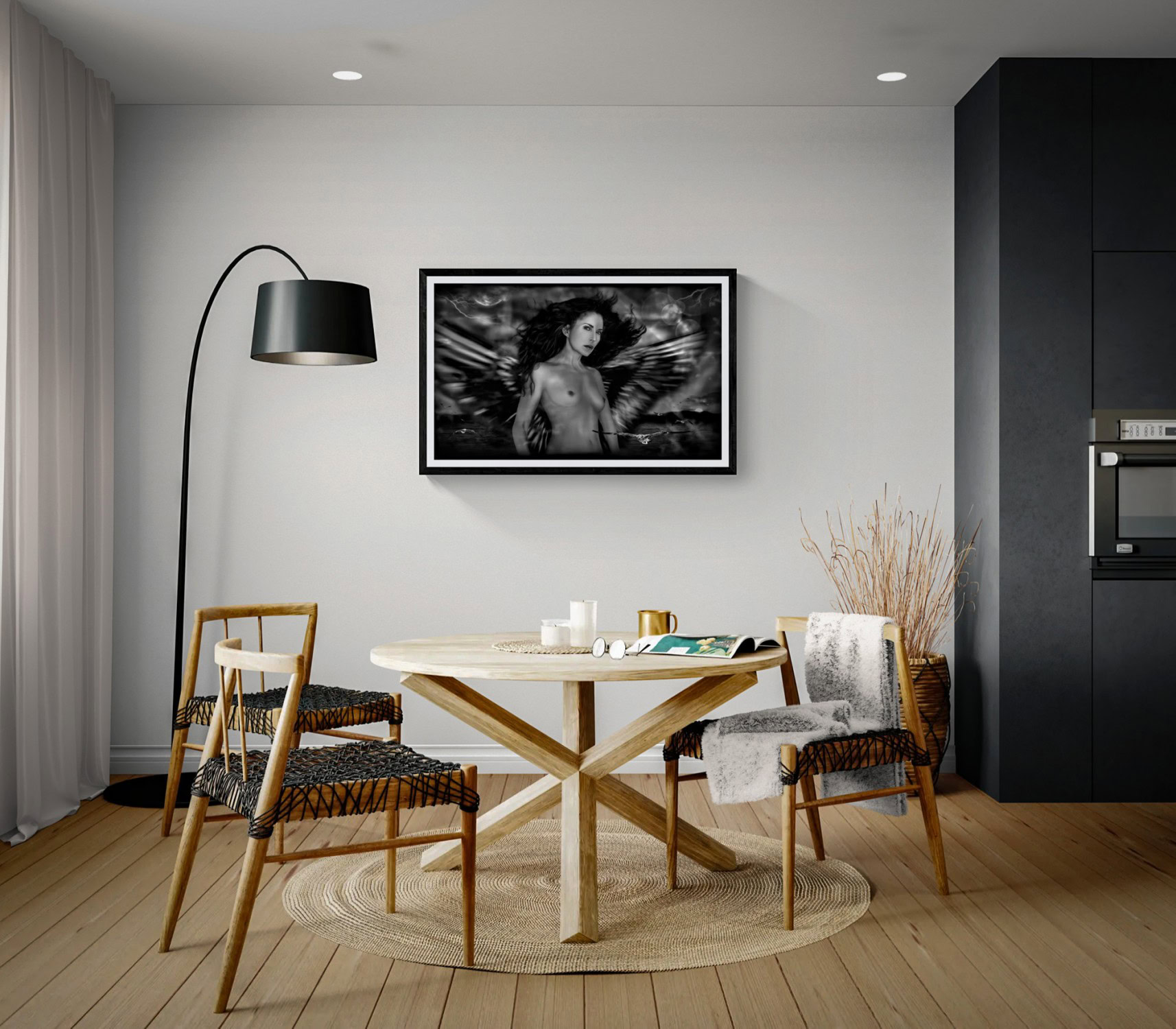 Peyton’s Dream: Queen of the Flock by Doug Heslep, displayed as framed black-and-white fine art within a contemporary dining interior.