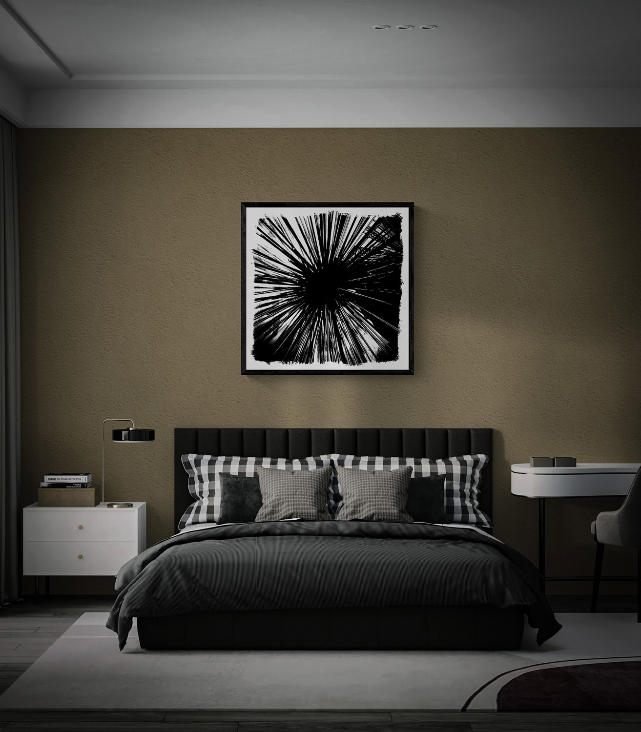 “Porcupine,” a black-and-white radial composition with spiky lines, framed above a bed against a textured taupe wall.