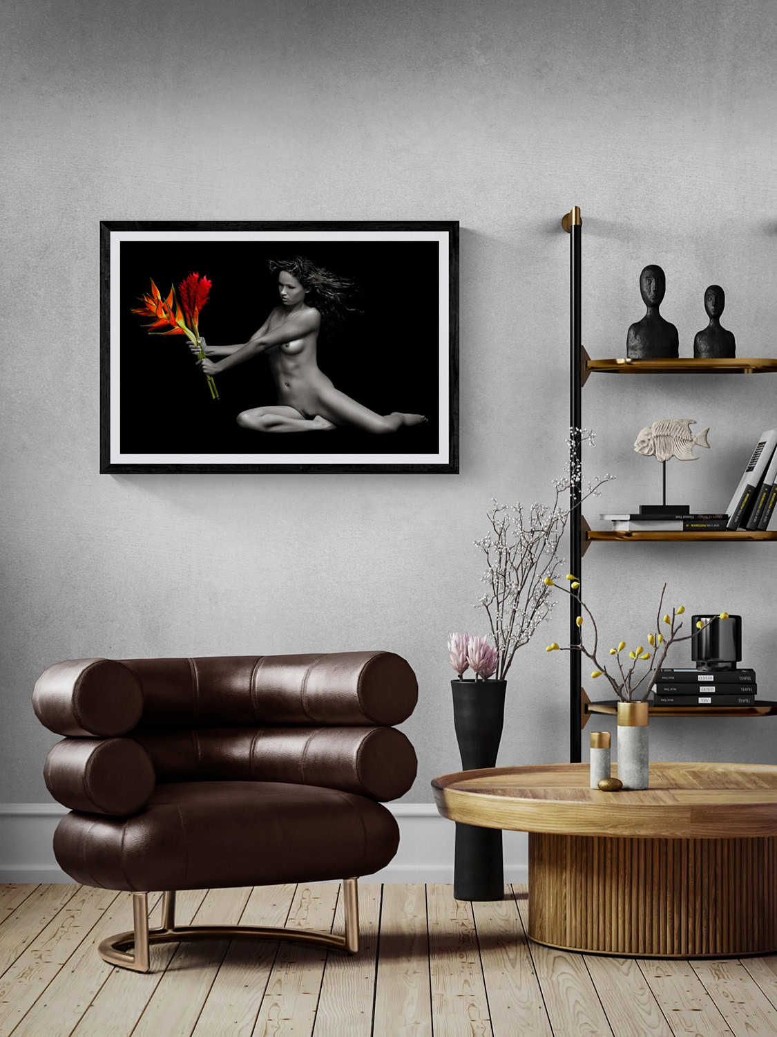 Prinzess Valiant by Doug Heslep, from The Human Vase Series, displayed as framed fine art in a contemporary interior with warm wood and sculptural furnishings.