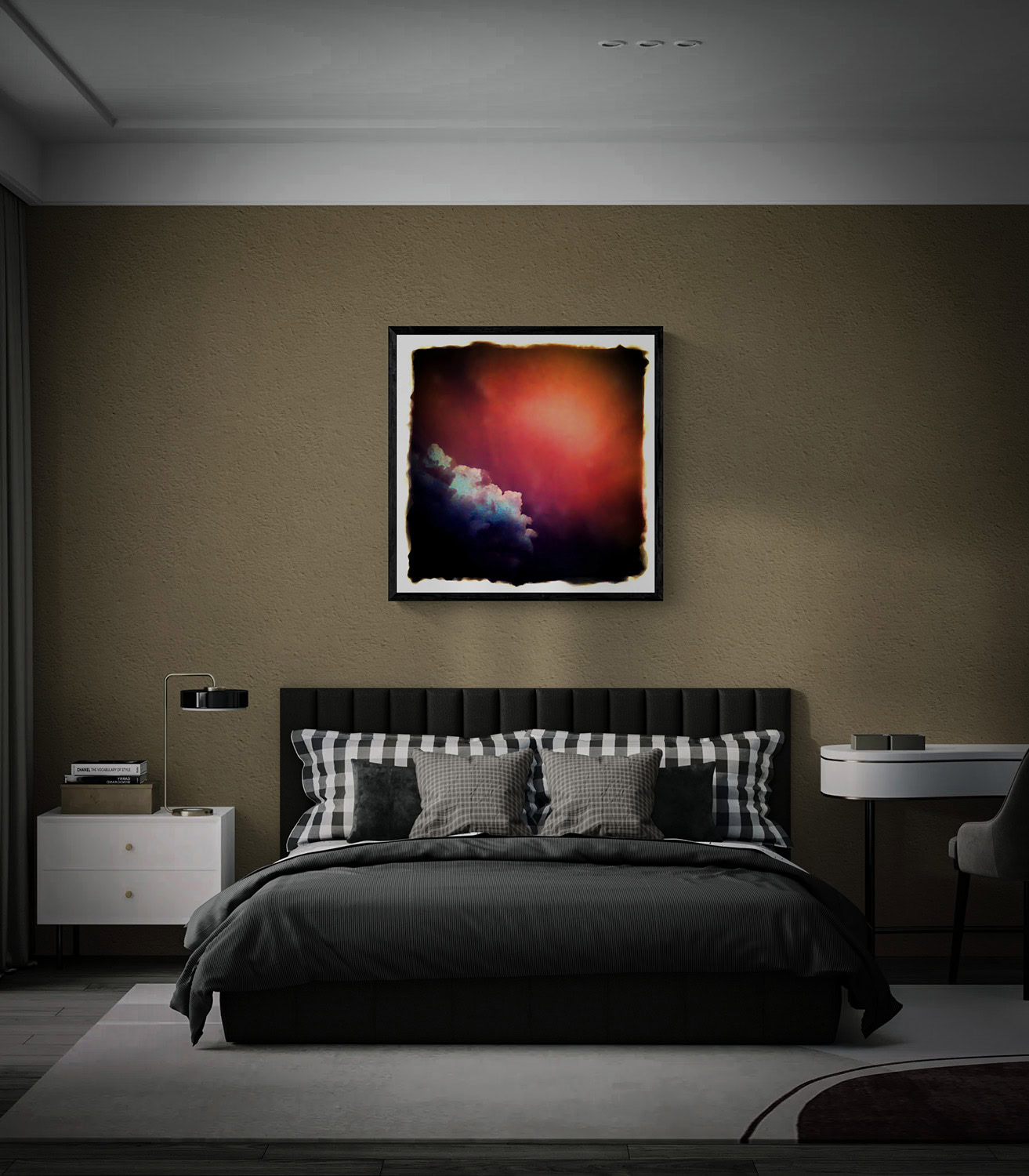 “Puff,” showing pale clouds against a glowing red-orange sky, framed above a bed against a textured taupe wall.