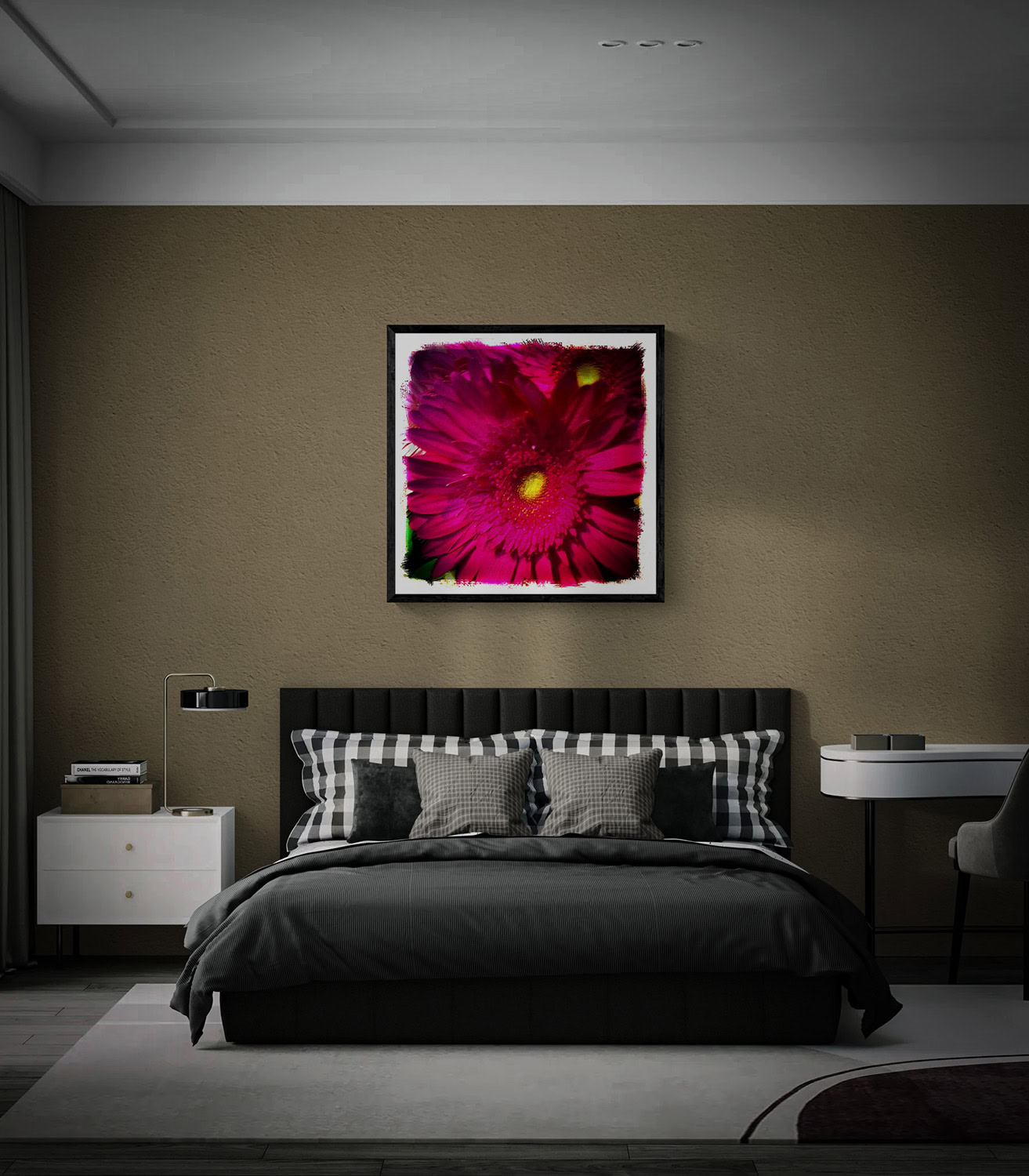 “Purple Daisies,” showing vivid magenta flowers with yellow centers, displayed in a black frame above a bed against a taupe wall.