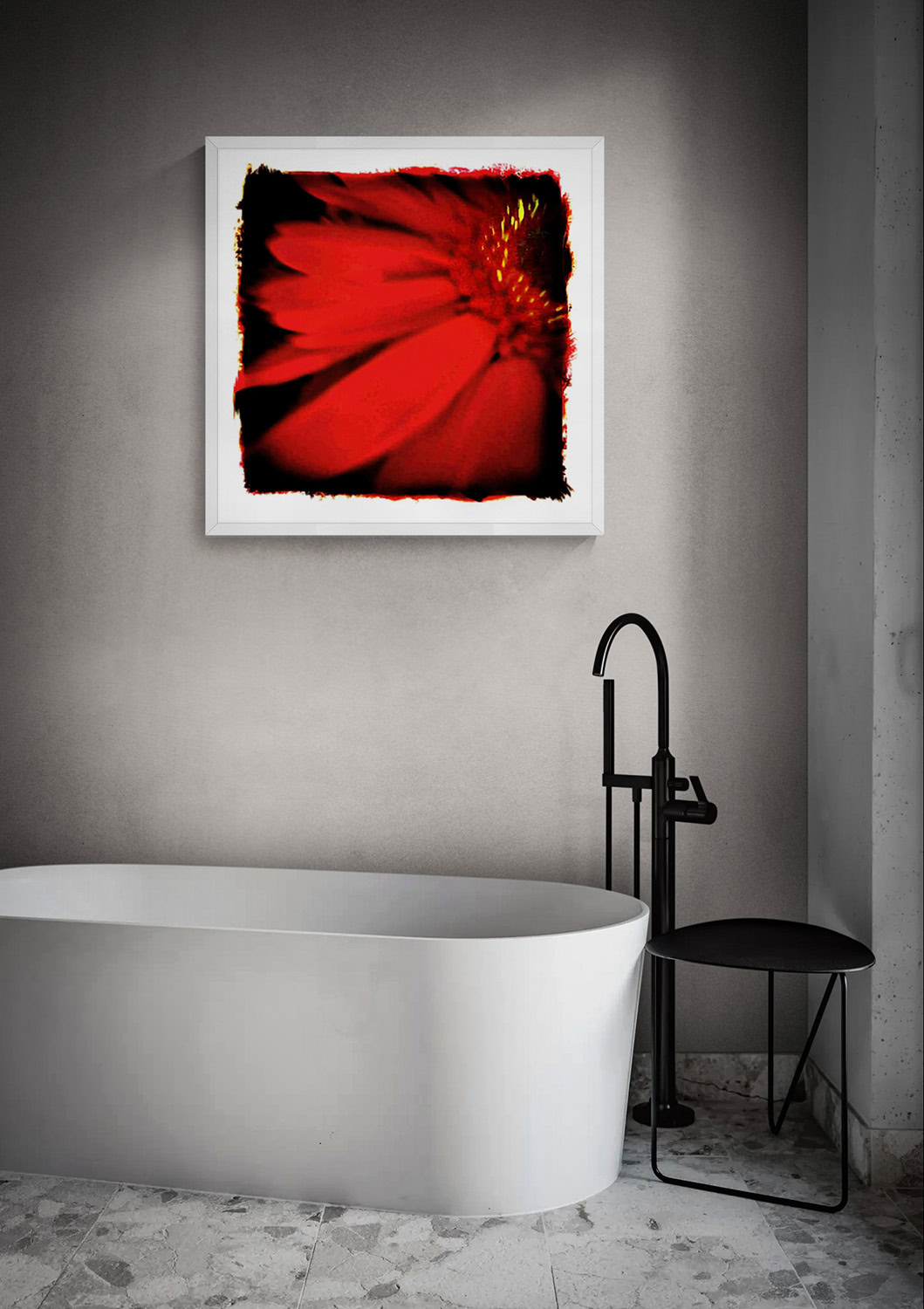 “Red Sweep,” a close-up of vivid red flower petals, displayed in a white frame above a freestanding bathtub with a black faucet.