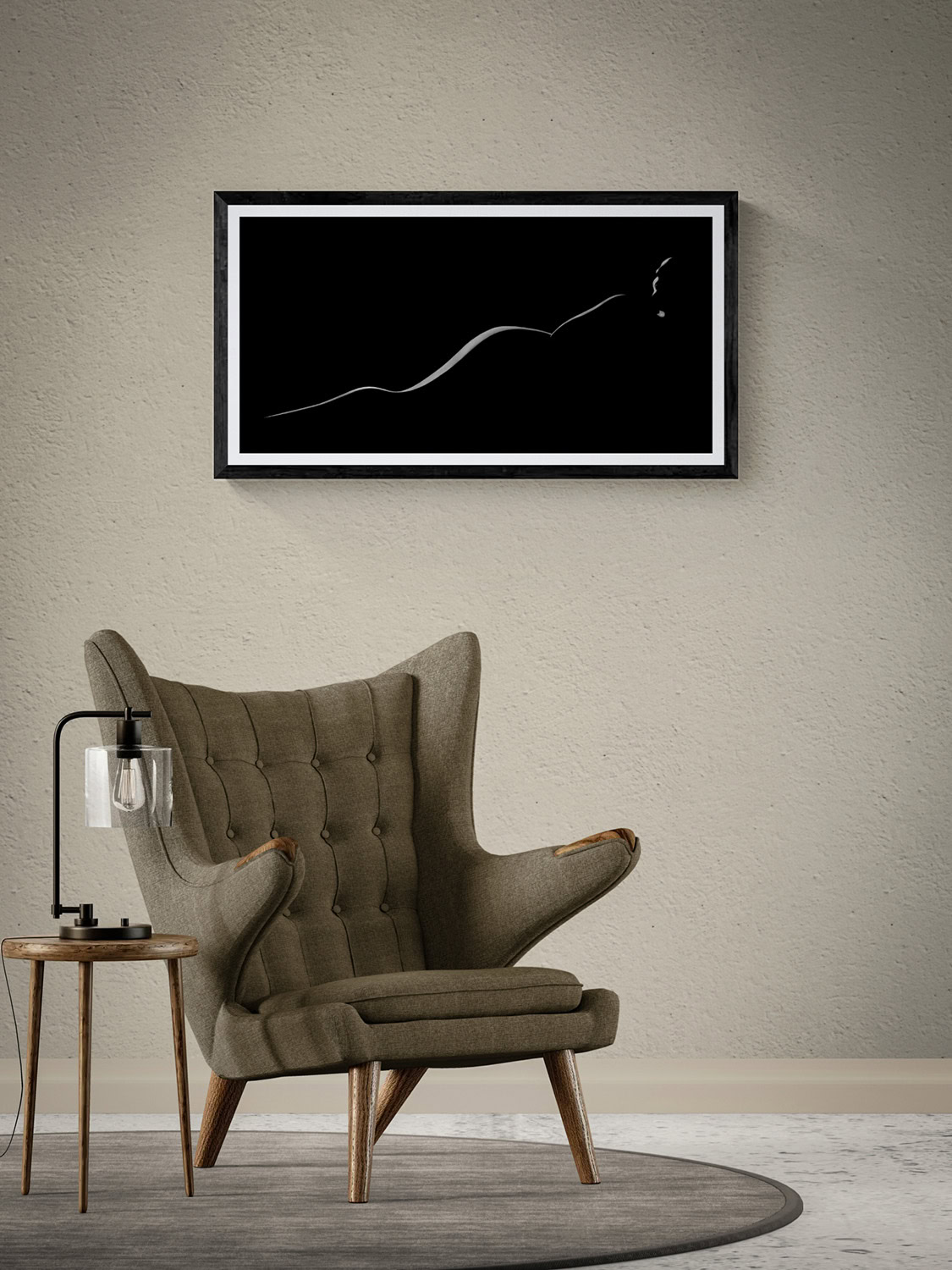 Rimlight Nude Series Plate 3 by Doug Heslep, displayed as framed black-and-white fine art above a sculptural lounge chair in a warm contemporary interior.