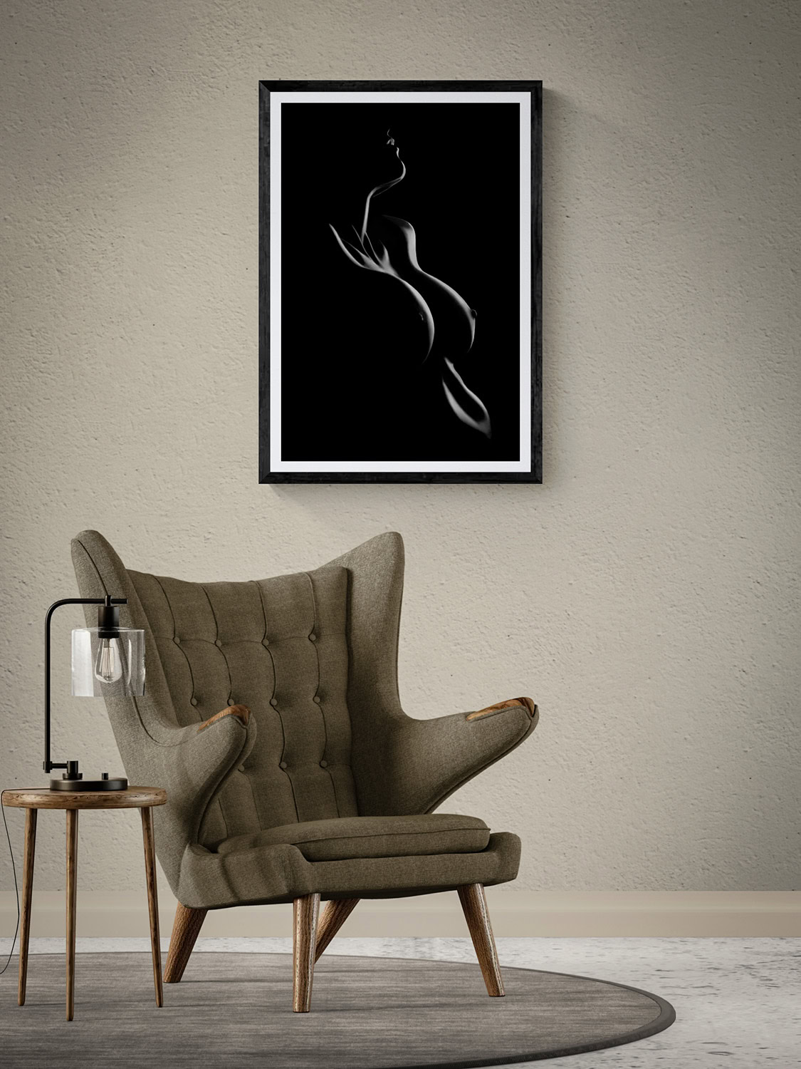 Rimlight Nude Series Plate 4 by Doug Heslep, displayed as framed black-and-white fine art above a sculptural lounge chair in a warm contemporary interior.