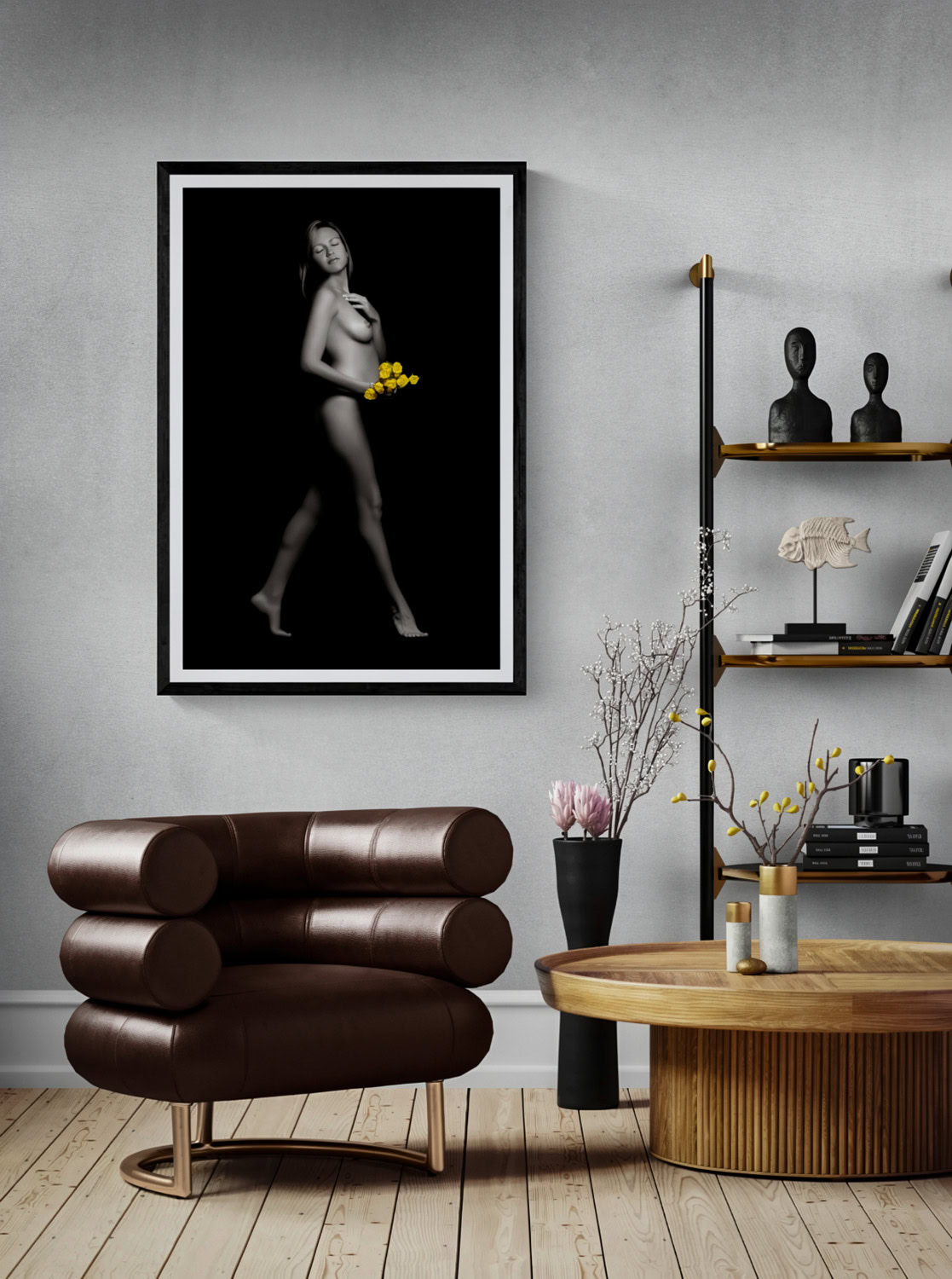 Savoir Faire by Doug Heslep, from The Human Vase Series, displayed as framed fine art in a contemporary interior with warm wood and sculptural furnishings.