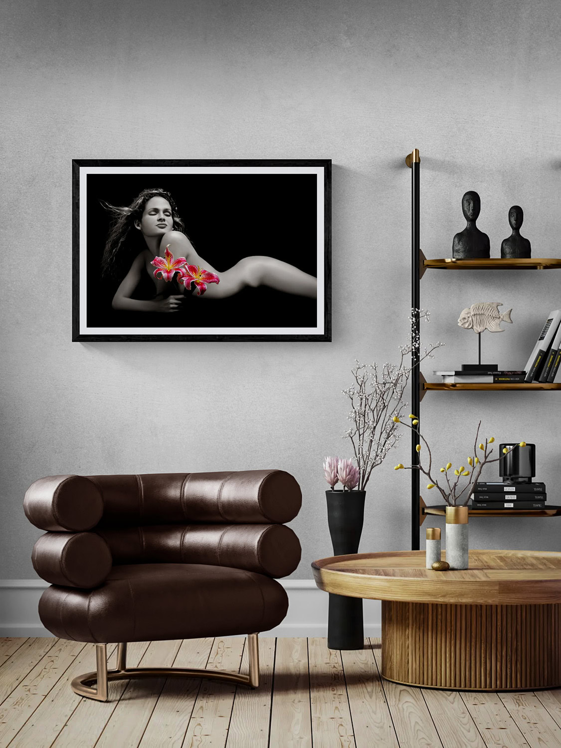 Simply Divine by Doug Heslep, from The Human Vase Series, displayed as framed fine art in a contemporary interior with warm wood and sculptural furnishings.