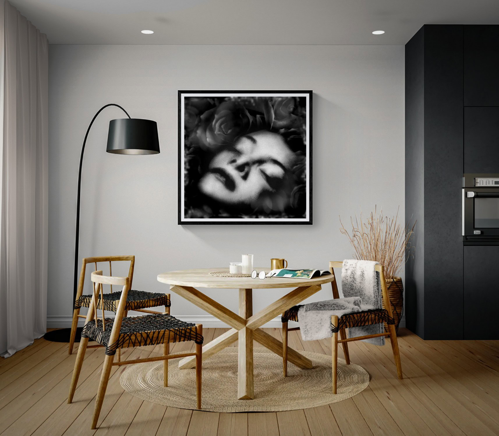 Solemn Dream by Doug Heslep, displayed as framed black-and-white fine art within a contemporary dining interior.