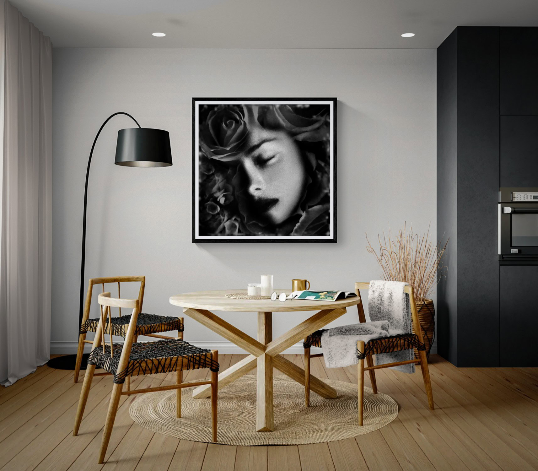 Solemn Utopia by Doug Heslep, displayed as framed black-and-white fine art within a contemporary dining interior.