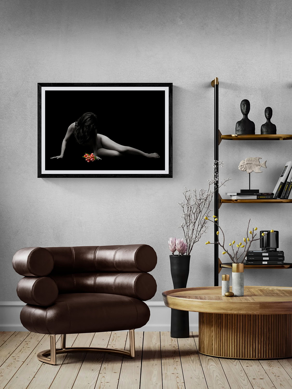 Suddenly by Doug Heslep, from The Human Vase Series, displayed as framed fine art in a contemporary interior with warm wood and sculptural furnishings.