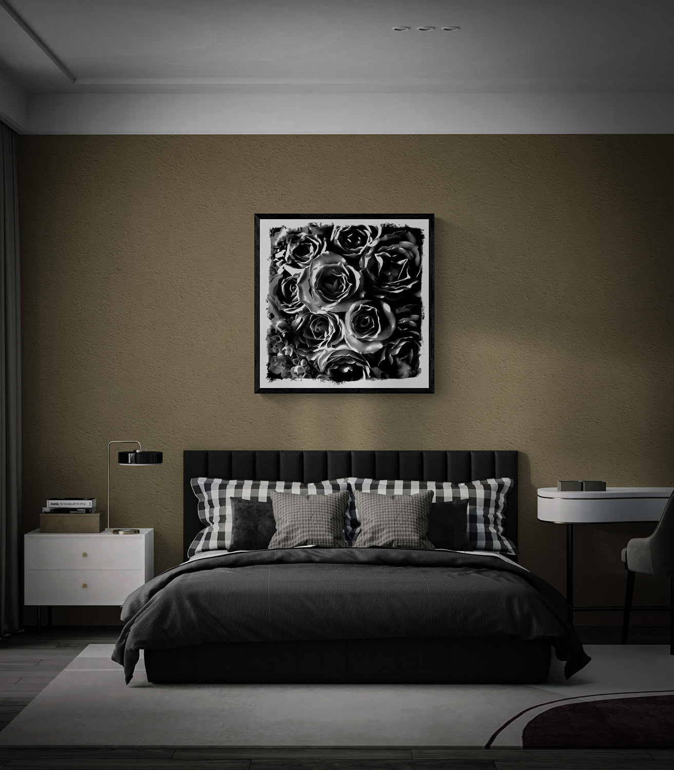 “The Angels Bouquet,” a black-and-white composition of clustered roses, displayed in a black frame above a bed against a taupe wall.