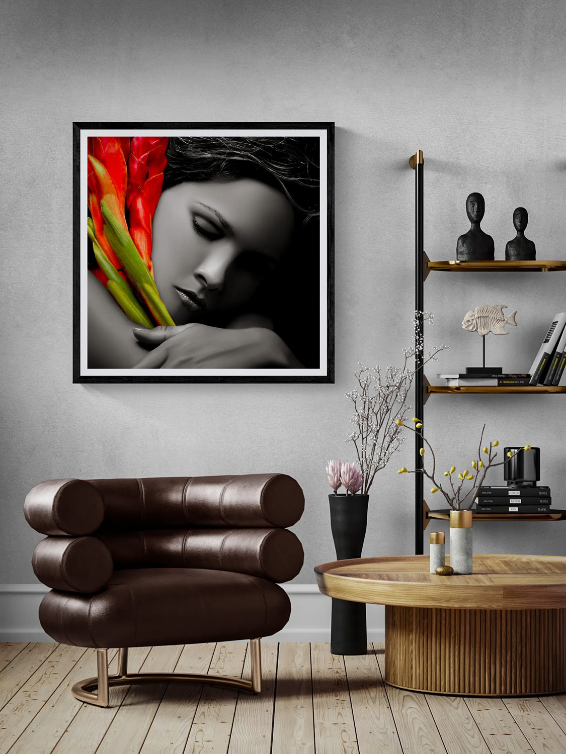 The Embodiment of Desire by Doug Heslep, from The Human Vase Series, displayed as framed fine art in a contemporary interior with warm wood and sculptural furnishings.