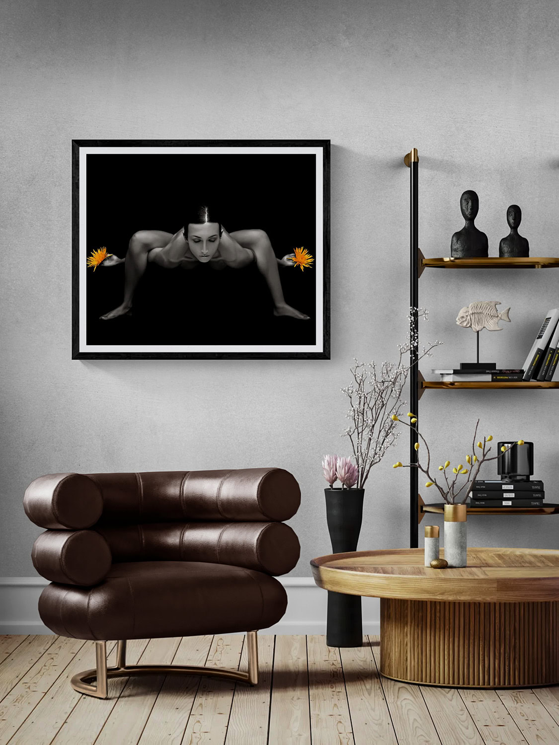 The Flower Stand by Doug Heslep, from The Human Vase Series, displayed as framed fine art in a contemporary interior with warm wood and sculptural furnishings.