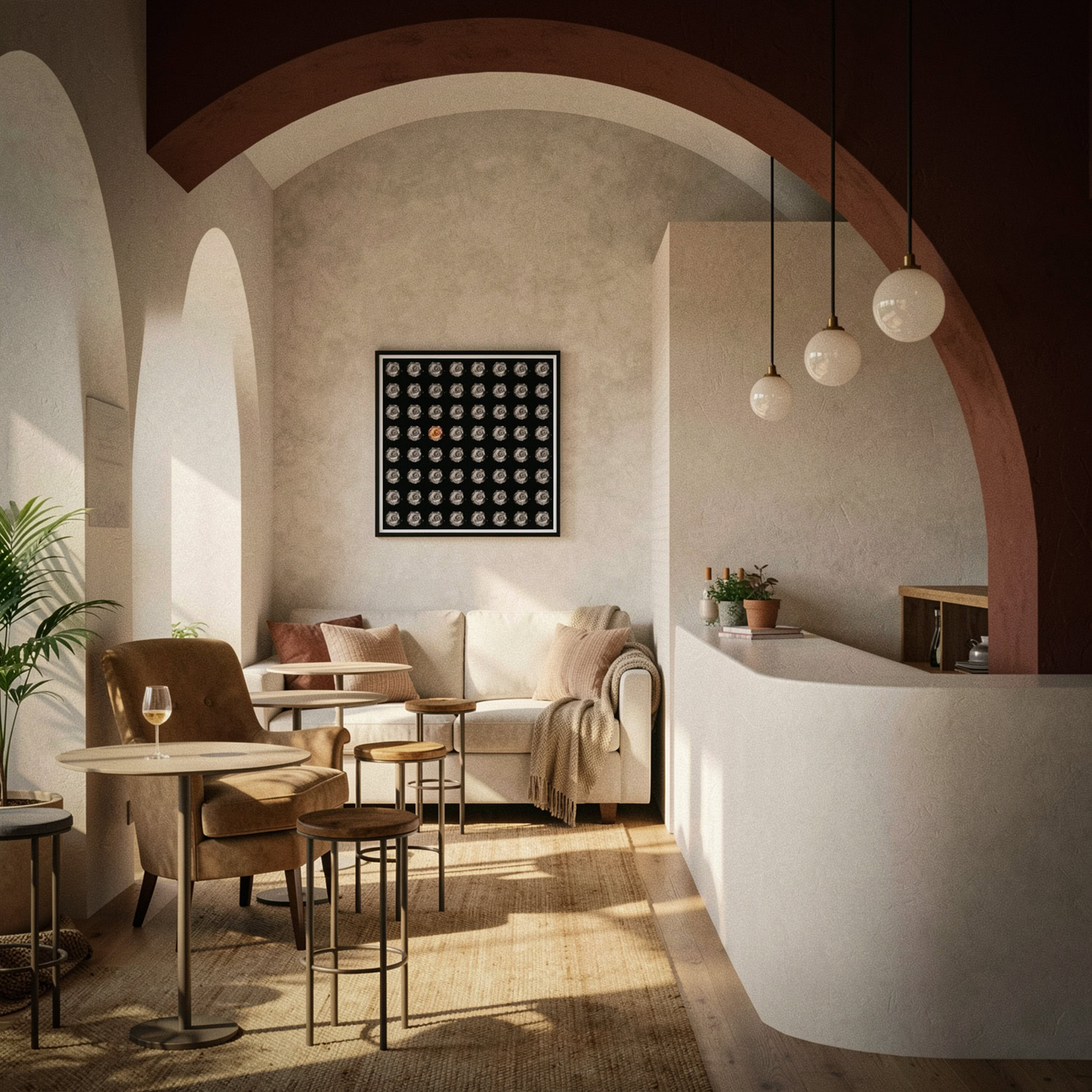 “The Standout,” one orange rose among rows of grayscale roses, in a black frame above a cream sofa in a sunlit lounge with arched walls.