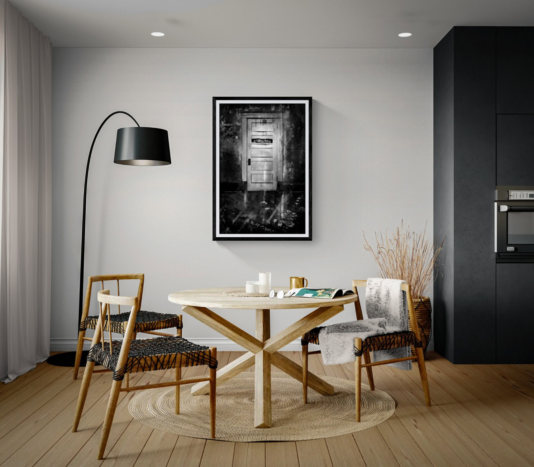 The Voyeur’s Muse by Doug Heslep, displayed as framed black-and-white fine art within a contemporary dining interior.