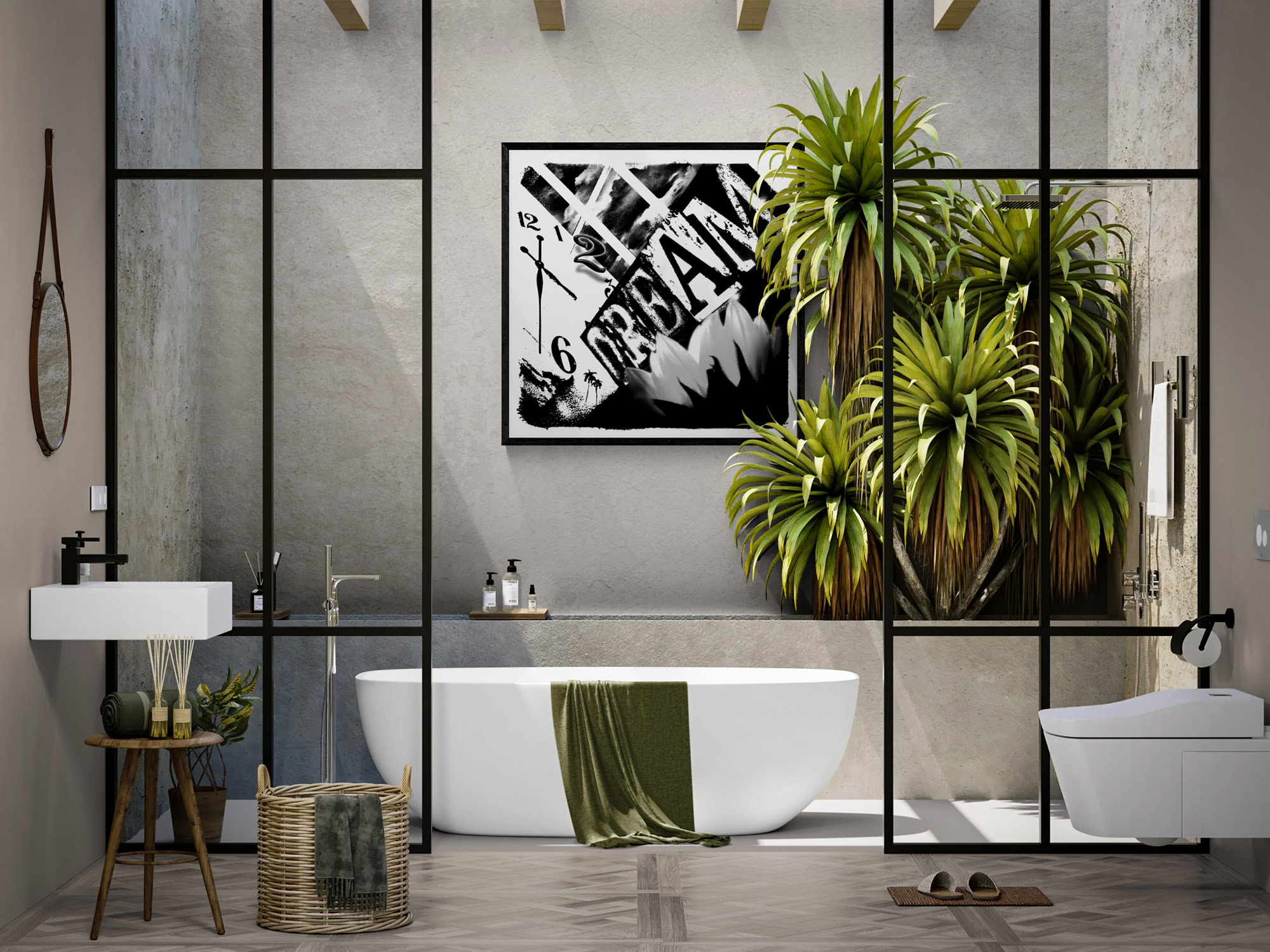 “Time2Dream,” a black-and-white collage of a clock, lettering, and flower petals, framed above a bathtub and partially obscured by tropical plants.